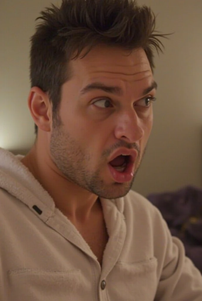 A man is resting in his bed and has his penis erect and big with semen and another man accompanies him sucking