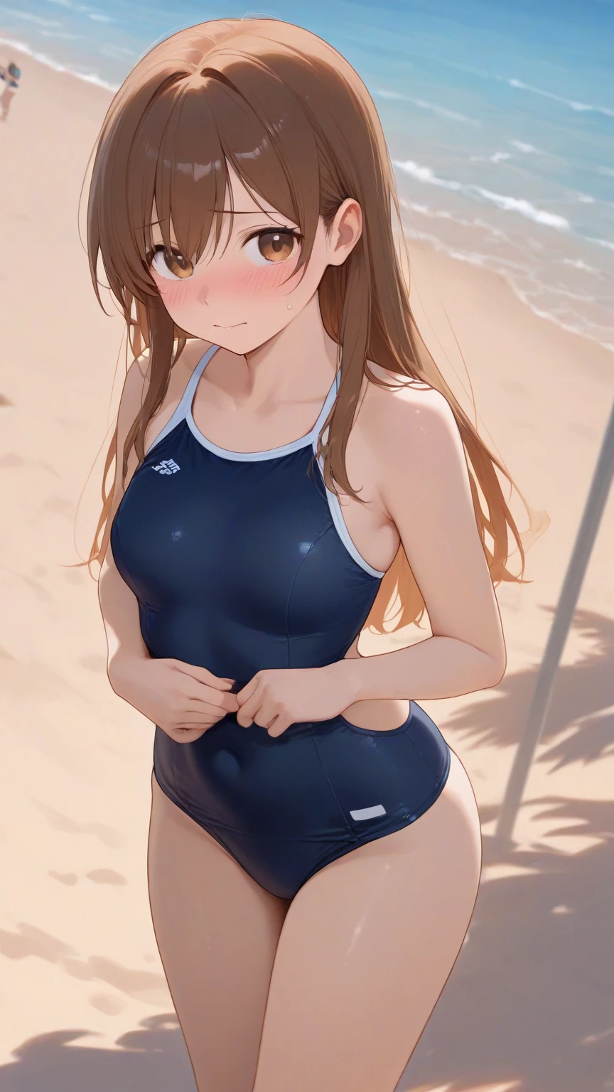 (masterpiece), (best quality), (ultra-detailed), photorealistic, (best illustration), ((an extremely delicate and beautiful)), 1girl, solo, (school swimsuit), crescent pin, (very long hair), (absurdly long hair), ponytail, smile, flat chest, detailed scenery, sunlight, <lora:fumizuki_nai_3-04:0.9:lbw=INS_MIDD> brown eyes, blue sky, white cloud, detailed scenery, standing, finely detailed iris, young, child, bare shoulders, wet, partially submerged, swimming pool,
