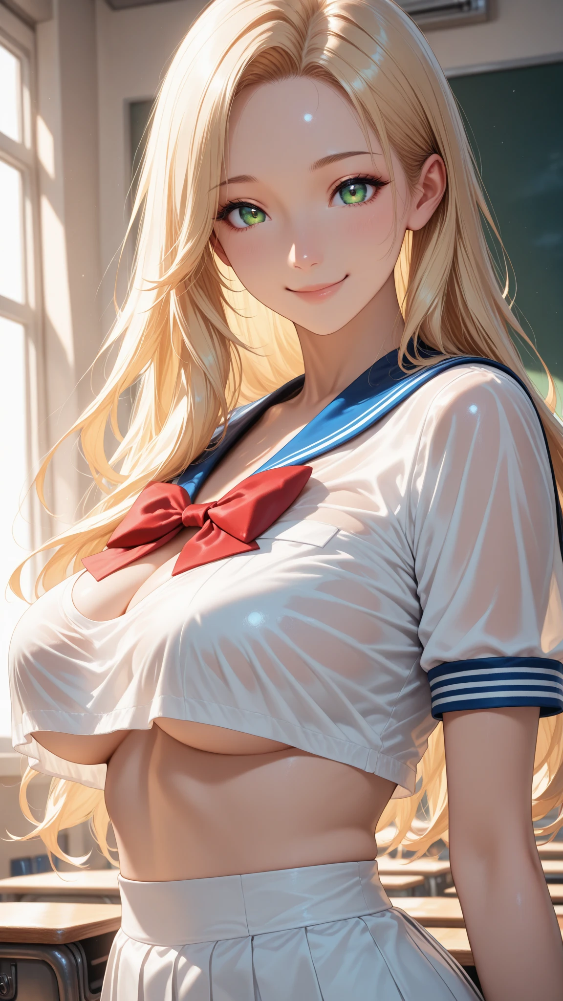 (highest quality:1.2, Very detailed, up to date, Ultra-high resolution, High Contrast, masterpiece:1.2, highest quality, Best aesthetics), (beautiful detailed face), (Highly detailed skin:1.2), 1 lady, jk,  tiny Micro thong:, (under boob:1.5),  (Crop Top white shirt, sleeveless),  Sailor  uniform only for the upper body, (thin thighs:), Red Ribbon Tie, kneeing with hands back:, spread legs, Ray tracing, half opened mouth, smile, Detailed beautiful delicate face, High detailed skin, beautiful detailed Green eyes, bedroom, beautiful detailed blonde hair,  high heeled shoes, long legs ,short torso, anatomically correct,  cinematic lighting, Bright colors and mesmerizing effects, soft and delicate illumination, gentle shine, 