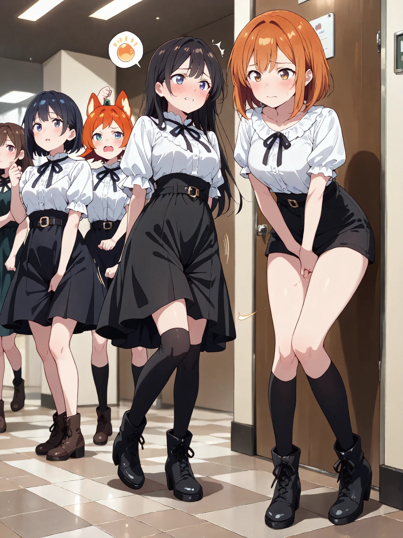 score_9, score_8_up, score_7_up, score_6_up, score_5_up, score_4_up, (extremely detailed and high-quality illustration), (best lighting effects, ultra-realistic), BREAK, several young girls, waiting in a line, long bathroom line, beautiful medium breasts, shiny skin, (flipped-out bob), (sheer short-sleeve blouse, high-waisted flared skirt with clean hem; thin pearl–strand belt at natural waist, knee-high socks, ankle boots), (she forced to hold her pee:1.3), (trying her best to hold pee in:1.3), (expression of worried and panic), blush, parted lips, (shyly hand to lips), (urgent in deep panting), spoken filled bladder, (Impatience:1.2), (embarrassed), humiliated, learning forward, (fidget pee dance:1.5), (double-cross legs), (She focuses only intense hold her crotch:1.4), full body,