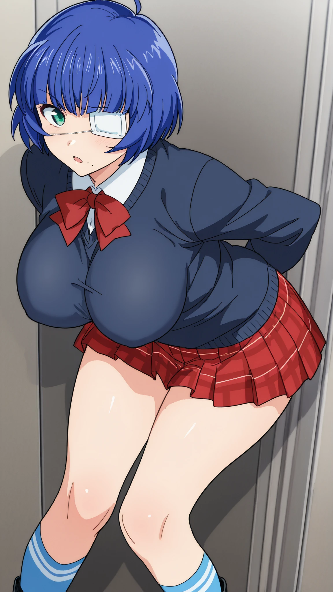 1girl, solo, nsfw,, (wearing nothing: 1.5), large breasts., empty eyes , haruna sairenji ,short hair, , purple eyes, blue hair, hairclip, big breasts、Abandoned amusement park、 file, crying ,flooding、abandoned hospital、fire、heavy snowfall、frozen、 、whole body, , lightning strike