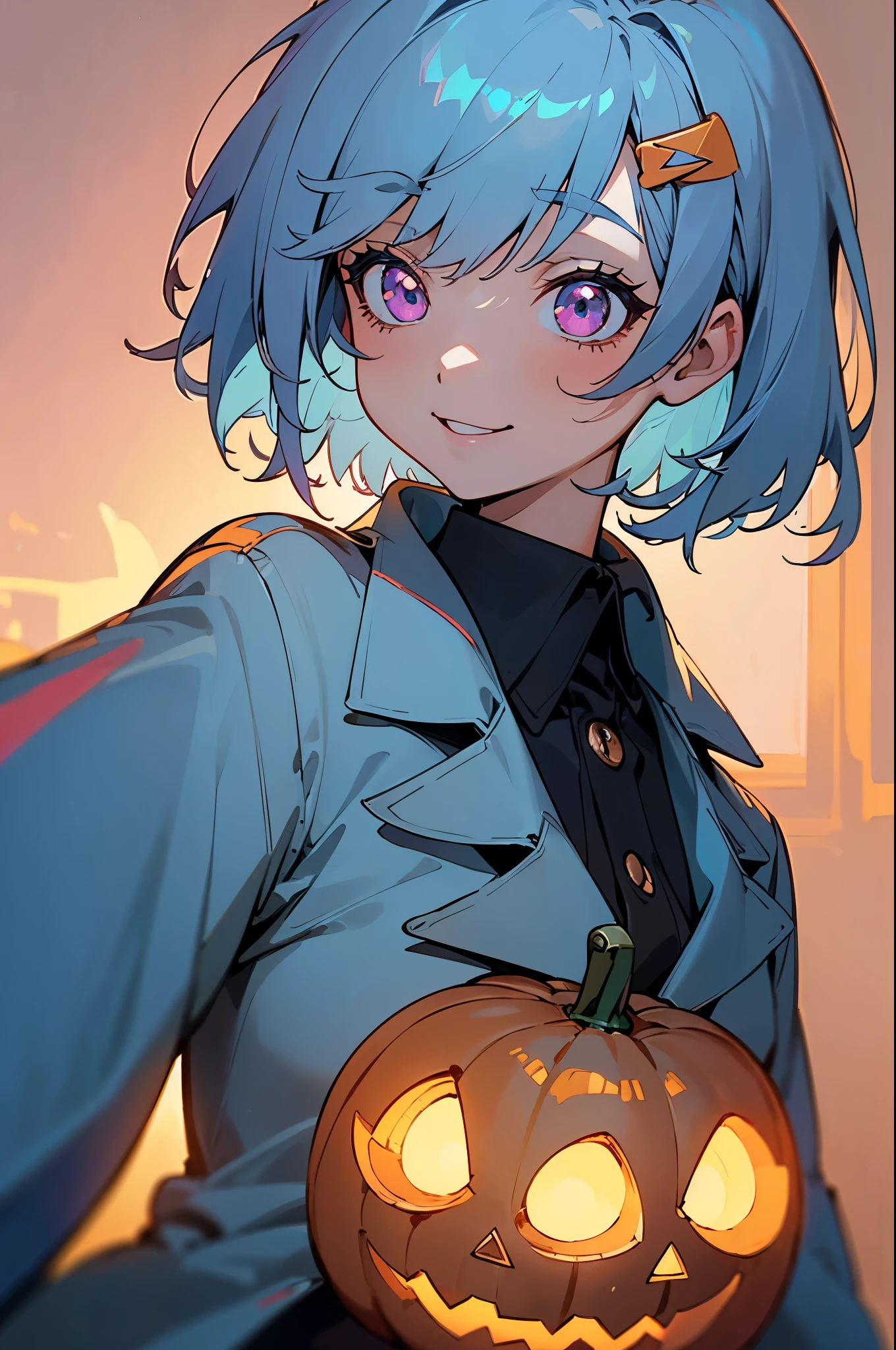 one woman、solo、Light Blue Jacket、 black inner shirt 、hair clip、Shiny light blue hair、bob hair、pink eyes、Big Smiles、upper body close-up、Background((Halloween 1.3))、The background is a golden hour sky、lots of little Jack-o'-lantern、(masterpiece、Best Quality、Kampala ))、((Highly detailed CG integrated 8K))