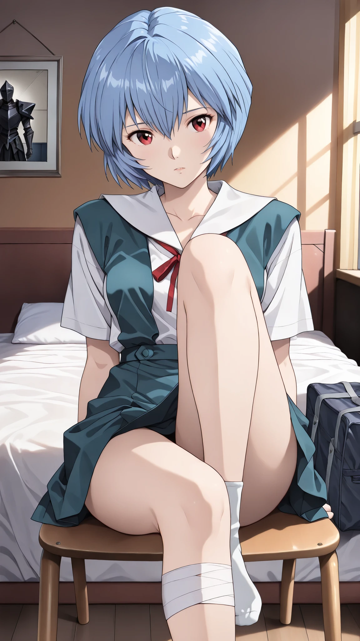 cinematic, (masterpiece), (Highest Quality), (Super Detailed), very aesthetic, illustration, realistic illustration, Perfect configuration, complicated details, ultra high definition, detailed face, (anime, masterpiece, complicated:1.3), (Highest Quality, high resolution texture, very detailed:1.2), (4K),(incredibly detailed:1.4),DETAIL EYES, Real Shadow, 1girl,Ayanami Rei from below, (school uniform,bandage,)
bright room、sit on a chair、cross your legsいる、,moonlight,1980’s anime style, ,effect ,(show The Dark Knight:1.3)、sit on a chair、cross your legs、open 、cowgirl position, open legs, on bed、undressing、A woman is grabbed by the chest from behind by a man