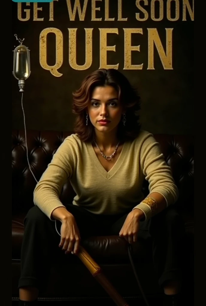 Sexy hot girl Create realistic picture where a Girl in a Golden shirt suit casually on a Wingback Chair ai image. Wearing sneakers and sunglasses, he is looks ahead. The background features “The Queen” in big and capital 3D gold texture fonts on the black wall