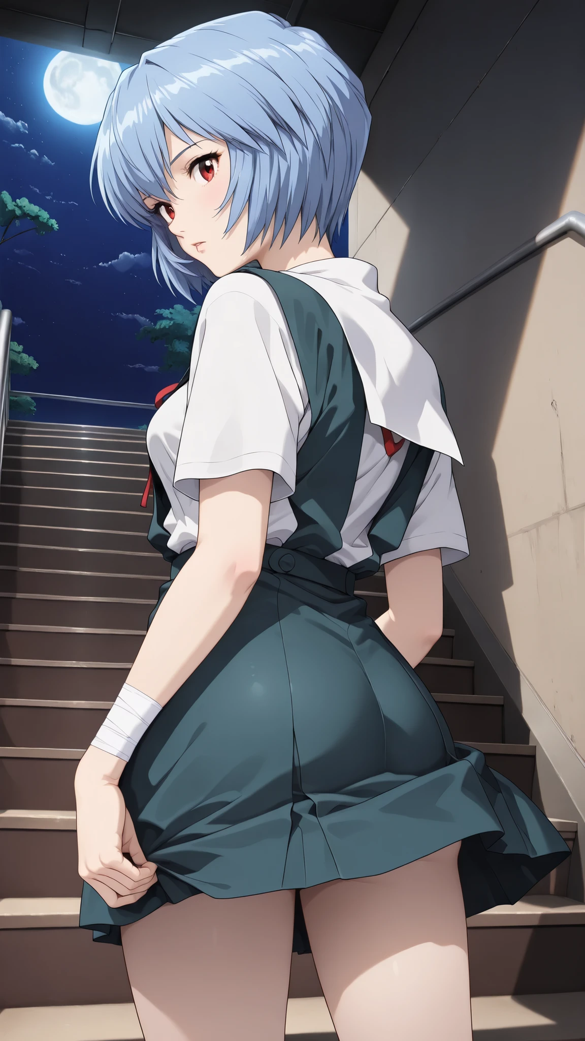  cinematic, (masterpiece), (Highest Quality), (Super Detailed), very aesthetic, illustration, realistic illustration, Perfect configuration, complicated details, ultra high definition, detailed face, (anime, masterpiece, complicated:1.3), (Highest Quality, high resolution texture, very detailed:1.2), (4K),(incredibly detailed:1.4),DETAIL EYES,   Real Shadow,  1girl,Ayanami Rei from below, (school uniform,bandage,)
 stairs,Back view、angle from below、skirt flips up、,moonlight,1980’s anime style, ,effect ,(show The Dark Knight:1.3)、skirt fluttering、lift up skirt