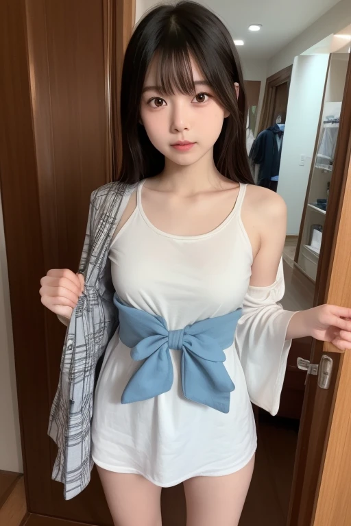 Beautiful woman looking at camera, very sexy Akihabara maid wearing outfit, detailed photo, petite person, (slim, small, flat, small), sexy pose, wet body, soaked, 10 year old girl