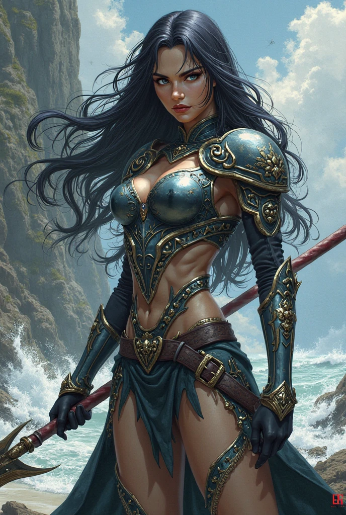 (masterpiece, best quality, ultra detailed, absurdres:1.5), 1girl, (sexy, beautiful woman, perfect face, perfect eyes, perfect female body, large breasts:1.5), (AspenM, black hair, dark skin, see through, pelvic curtain, long hair, ripped clothes, bikini armor, armor, brown organic armor, shoulder armor, <lora:Aspen_v01_A:0.7>), (standing, outdoors, coastline), perfect lighting, smooth, hdr