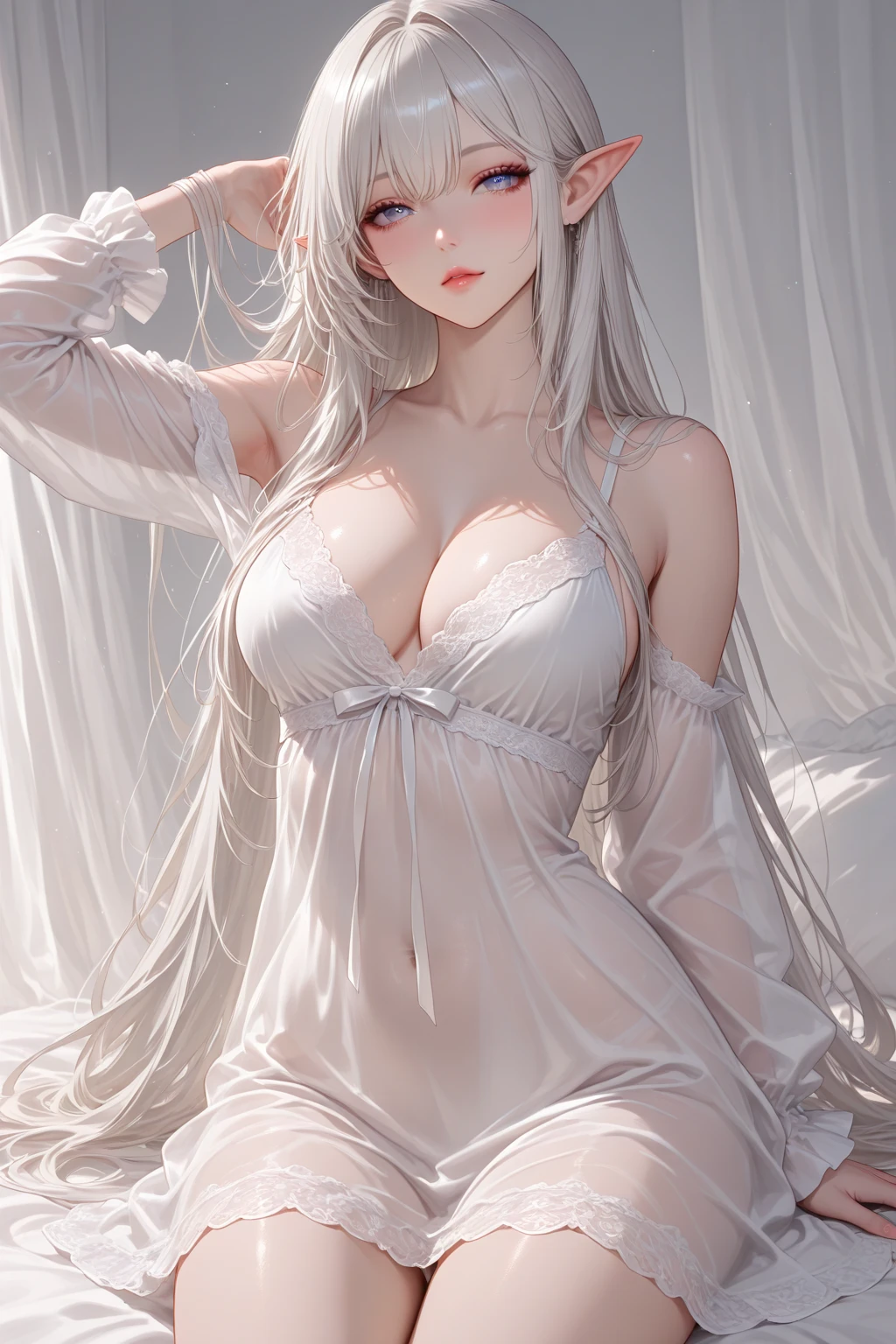 1girl,solo,eyeliner,(bright red lips:0.9),(blush:0.7),sagging breasts,hanging breasts,(huge breasts),nsfw,happy,smile,looking at viewer,head tilt,spread legs,pussy,nsfw,ruanyi0254,jewelry,necklace,white dress,wedding dress,masterpiece,official art,best quality,photorealistic,ultra highres,RAW photo,goddess,white hair,blush,(smile:0.8),upper body,(high detailed skin:1.2),8k uhd,dslr,soft lighting,high quality,film grain,Fujifilm XT3,
