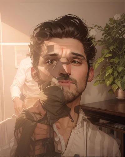 absurd, (great composition), 1boy, handsome, man, dynamic angle, dynamic lighting, well built, olive skin, curly hair, refined, 3/4 shot, handsome_male,  chest, The darkness of the night falls around my soul And the hunter inside loses control Has to let go - has to let go Gotta let go - gotta let go BREAK All these voices inside my head Blinding my vision in a curtain of red The frustration is getting bigger Bang Bang Bang - Pull my devil's trigger! --auto --s2