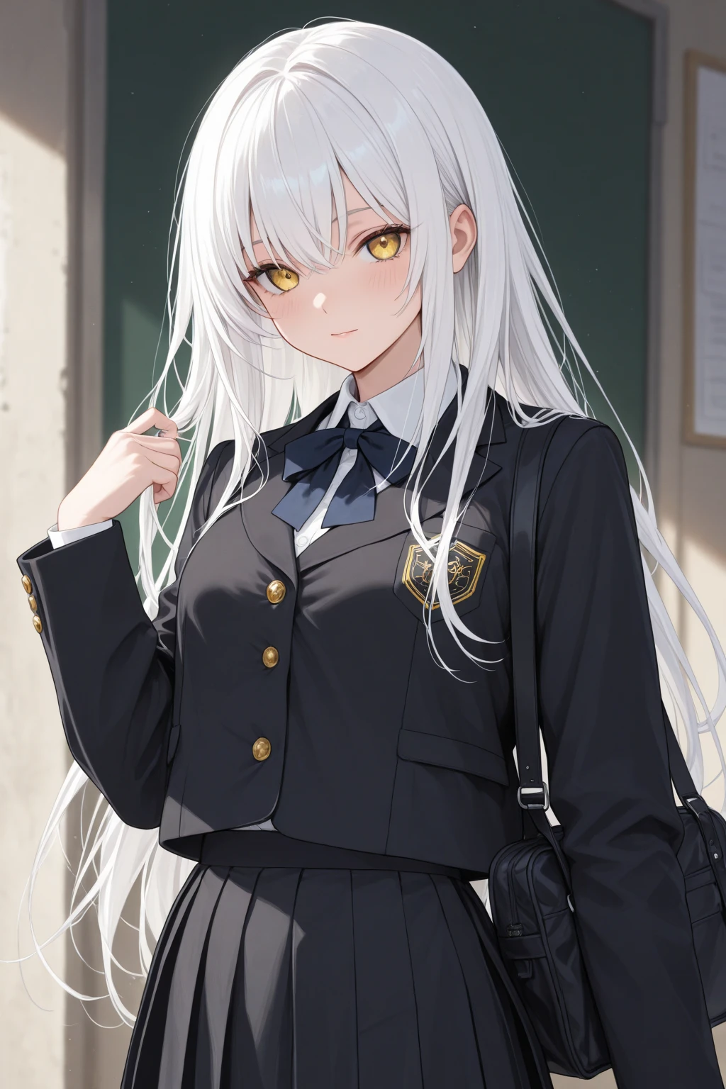 Superb Creation, High Resolution, Best Quality, UHD, Super Detail, Award-Awarded, 16k, (Upper Body), A Beautiful Maiden, Gray Hair, Hair, ((Heterochromia)), Hanging Corners, Fair Skin, (Small ), (Slim Body), (Japanese Student Uniform with Short  Jacket and Small Suit and Short Skirt)), (Neck Ring), (Short Gloves as Short as Half a Palm)