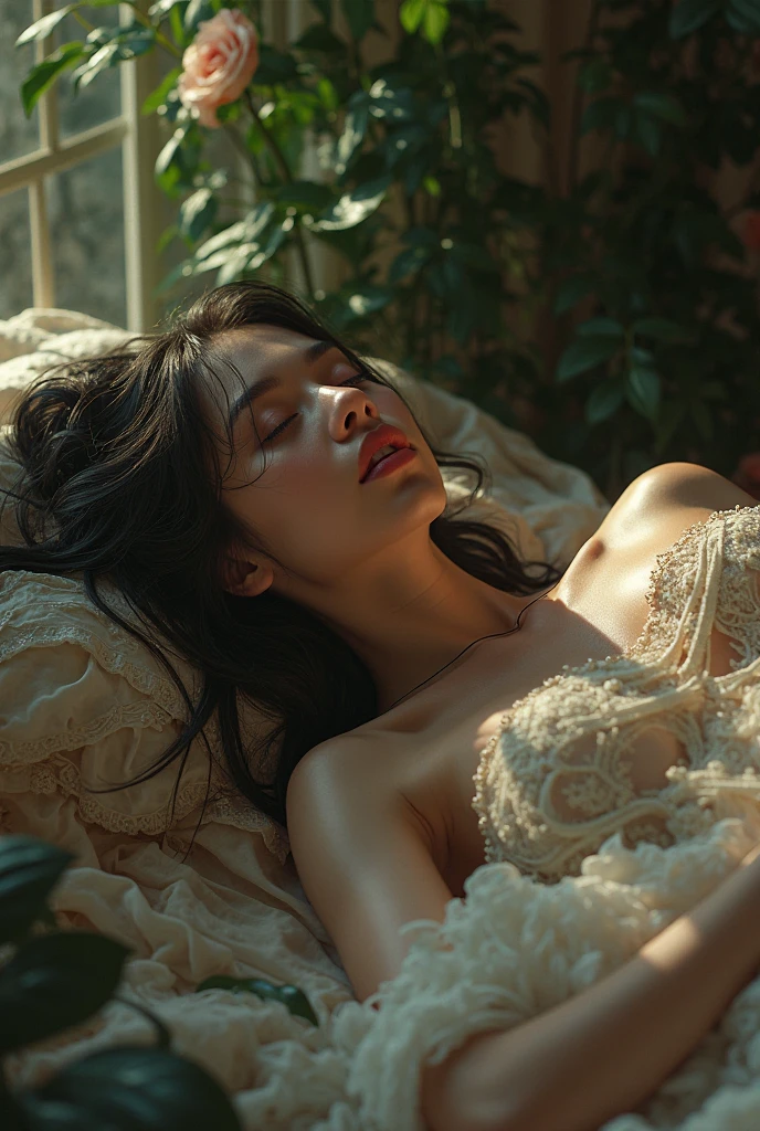 (masterpiece), best quality, expressive eyes, perfect face, 1 sexy girl in forest dress, flowers, leaves, Mandala, fractal, Sleeping Beauty, full body Bella🦋, beautiful sleeping girl, room with mirror, girl sleeping in the bed and sheets, old clock and lamp on the table, full body, black hair, transparent clothes, sexy legs, view of pubic hair, 1 sexy girl in transparent forest clothes, exposed breasts, open transparent t-shirt, tattoos of mandalas and flowers , best quality, masterpiece, illustration, very delicate and beautiful, very detailed, CG, unity, 8k wallpaper, ridiculous, huge file size, very wide lens, soft light, slight smile, view of the man's exposed breasts pubic hair, mandala and flower tattoos, Best quality, Full body, Nude summer, Full tattoo, (Masterpiece, Top quality, Best quality, Official art, Beautiful and aesthetic: 1.2), (1 flower), Full body, Extremely detailed, (Fractal art: 1.3), colored, more detailed, "Best quality", "Masterpiece, Sakimichan style art, black hair fused with platinum and gold, naked girl, beautiful visible pubic area, pink breasts, small breasts at the view, water pond in the garden, old floating clock, lamp, lantern, skin wet with water, floating bed in the pond, beautiful girl lying on the bed, fantasy, view from above, floating bed in the pond, temple interior flooded, night light, full moon, deep fantasy dream, clothes melted in pond water, black hair with gold and platinum reflections, pink weights, toes submerged in water,