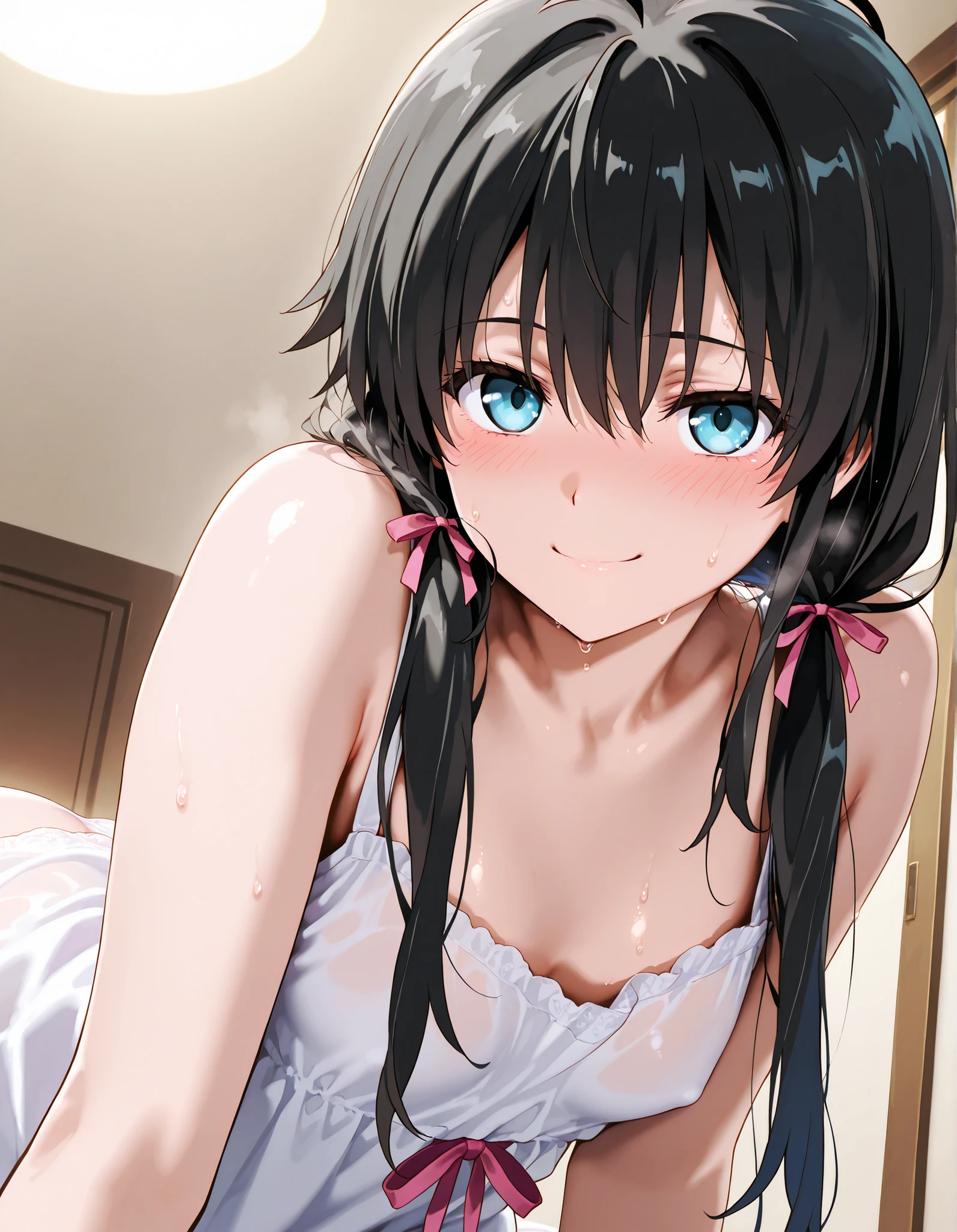 score_9, score_8_up, score_7_up, score_6_up, score_5_up, score_4_up, Highest Quality, masterpiece,
solo, 1girl,
yukino yukinoshita, black hair, blue eyes, long hair, small breasts,
Twin Tails、side lock hair, pink ribbon,
blush, smile, sweat,
looking at viewer,
cyclone, kaori,