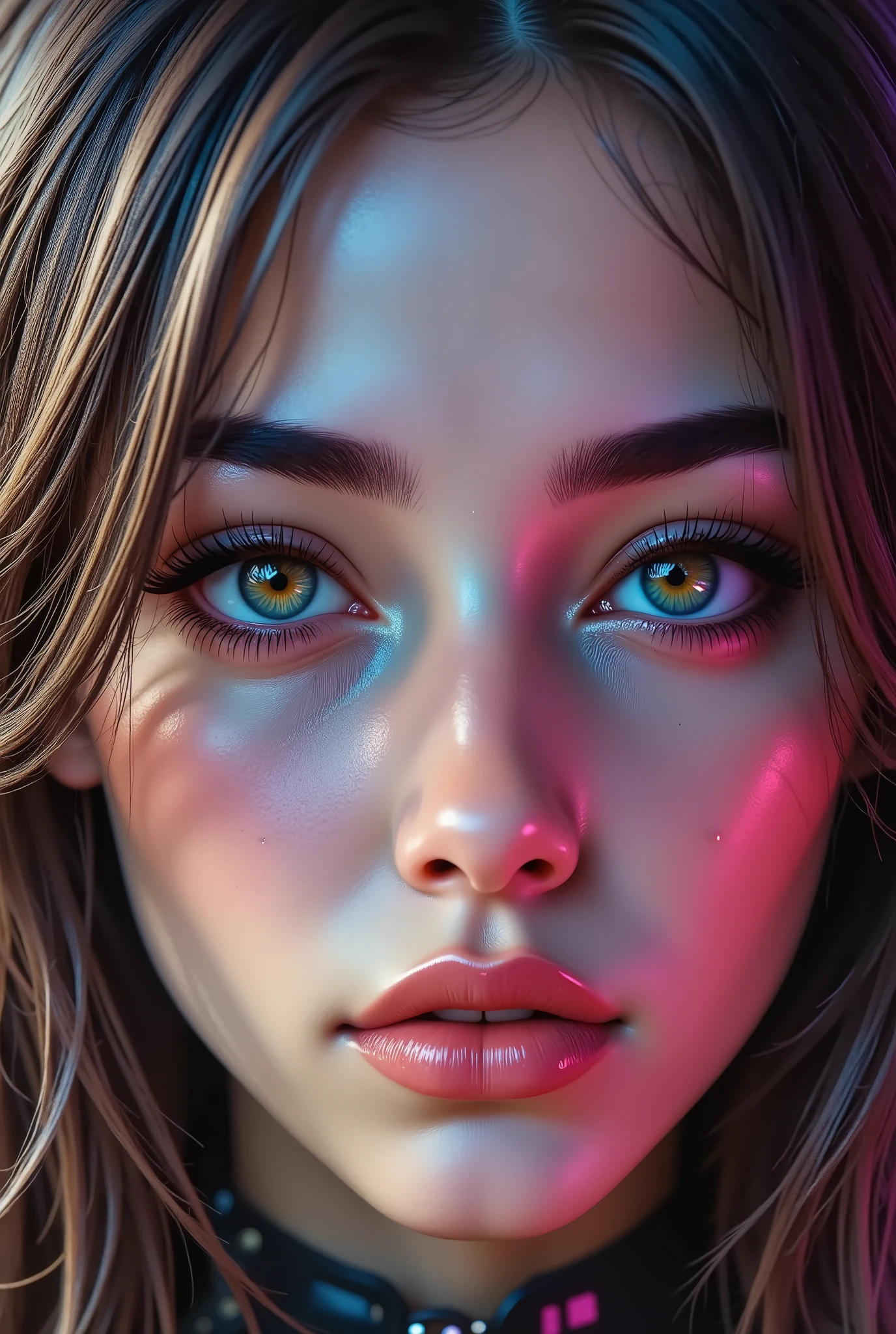 Realistic, (Photorealistic realism), ((ultra quality, extremely detailed digital art)), ((focus on extremely Realistic Proportion Body, Anatomically Correct:1.2)), Beautiful Girl, "ultra details Eyes: (acid-resistant terminology) (macro-details:1 . 25): * Moist corneal surface (visible aqueous layer:1 . 2) * Hyper-detailed iris stroma ((brown) with gold flecks) * Precise limbal ring (slightly darker pigmentation:1 . 22) * Pupil micro-texture (irregular edge authenticity:0 . 9) * Vasculature in sclera (subtle red veins radiating from limbus)" - "Lashes: blue individual synthetic fibers (crosshatched roots:1 . 2 , clump-free separation)" Technical Specs: (Optics: - "Zeiss Otus85mm f/1 . 4 lens (eye refraction calculations:1 . 3)" - "Shutter Speed:1/500 (freeze eye micro-movements)" - "Focus Stacking:7-point coverage on iris plane") (Post-Processing: - "Frequency separation for skin vs eye details" - "Selective sharpening: eyes200% , hair80%" - "Denoise: luminance20 , color35 (retain corneal speculars)") (Avoid: "pupil distortion , uncanny valley asymmetry , plastic-like wetness") UHD, perfect female body, {((Beautiful long legs in good style:1.35))}, ((no bra, no panties:1.3)), (medium butt), (skinny body build),(perfect hot model body:1.4), ((slim belly: 1.2)), (muscular body), dress a beautiful girl with a perfect figure in something nice, made of available materials (((latex), (lacy), (((leather))), ((jewelry)), steel, chains, chainmail, bracelets, pendants, earrings, everyday items)), I encourage you to draw them at the same time, ((Use any technique, any style, any outfit, Sew, ((embroider)),choose the color of your eyes, hair and even hairstyles)), ((I encourage you to choose the right background for your phenomenally drawn creation)), (Use any technique, any style, any outfit, arms tattoo,((micro skirt)),angelic cute face,white teeth, perfect beauty, long eyelashes, neon pink lips, oiled skin (psychedelic background, paranoia background),