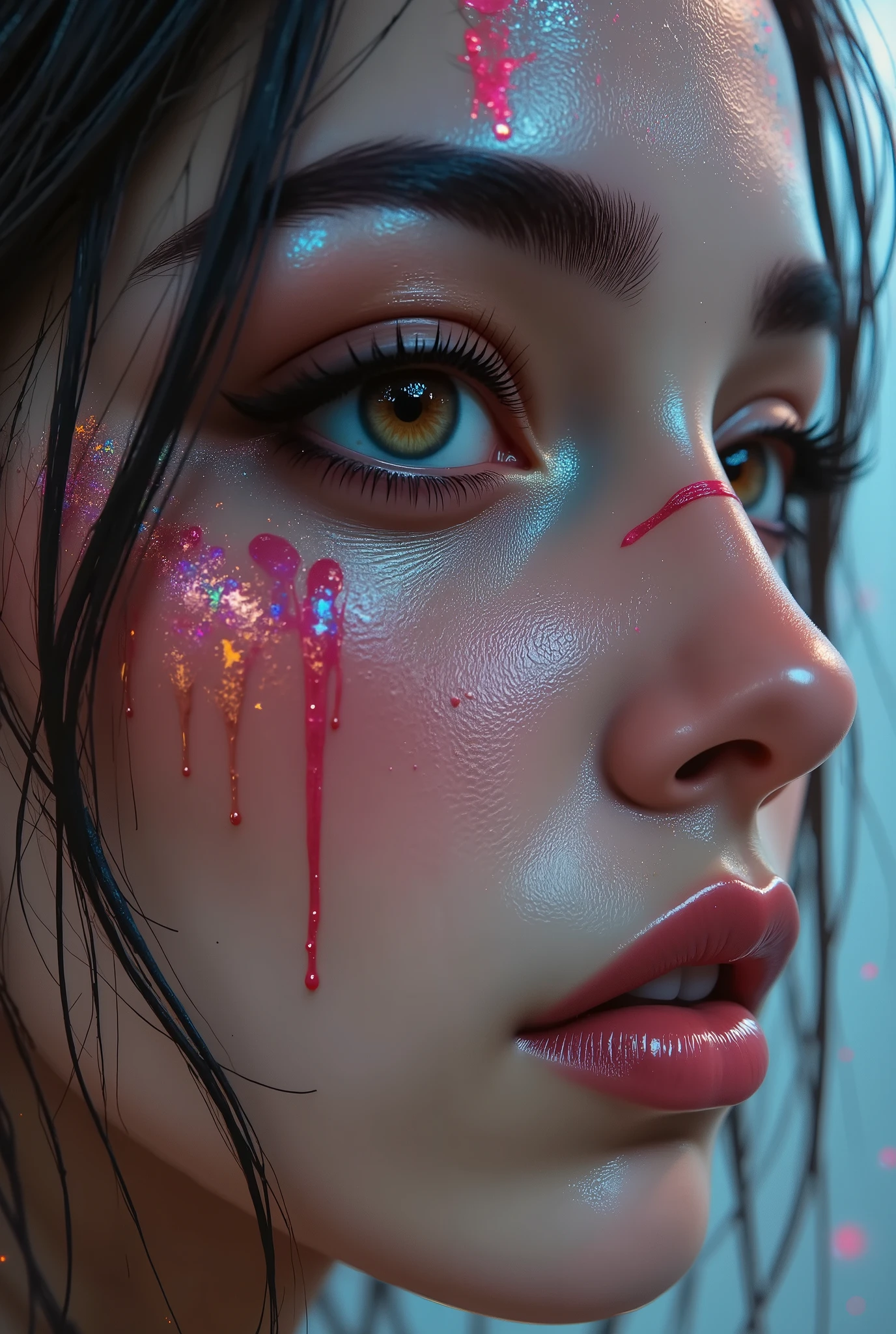 Realistic, (Photorealistic realism), ((ultra quality, extremely detailed digital art)), ((focus on extremely Realistic Proportion Body, Anatomically Correct:1.2)), Beautiful Girl, "ultra details Eyes: (acid-resistant terminology) (macro-details:1 . 25): * Moist corneal surface (visible aqueous layer:1 . 2) * Hyper-detailed iris stroma ((brown) with gold flecks) * Precise limbal ring (slightly darker pigmentation:1 . 22) * Pupil micro-texture (irregular edge authenticity:0 . 9) * Vasculature in sclera (subtle red veins radiating from limbus)" - "Lashes: blue individual synthetic fibers (crosshatched roots:1 . 2 , clump-free separation)" Technical Specs: (Optics: - "Zeiss Otus85mm f/1 . 4 lens (eye refraction calculations:1 . 3)" - "Shutter Speed:1/500 (freeze eye micro-movements)" - "Focus Stacking:7-point coverage on iris plane") (Post-Processing: - "Frequency separation for skin vs eye details" - "Selective sharpening: eyes200% , hair80%" - "Denoise: luminance20 , color35 (retain corneal speculars)") (Avoid: "pupil distortion , uncanny valley asymmetry , plastic-like wetness") UHD, perfect female body, {((Beautiful long legs in good style:1.35))}, ((no bra, no panties:1.3)), (medium butt), (skinny body build),(perfect hot model body:1.4), ((slim belly: 1.2)), (muscular body), dress a beautiful girl with a perfect figure in something nice, made of available materials (((latex), (lacy), (((leather))), ((jewelry)), steel, chains, chainmail, bracelets, pendants, earrings, everyday items)), I encourage you to draw them at the same time, ((Use any technique, any style, any outfit, Sew, ((embroider)),choose the color of your eyes, hair and even hairstyles)), ((I encourage you to choose the right background for your phenomenally drawn creation)), (Use any technique, any style, any outfit, arms tattoo,((micro skirt)),angelic cute face,white teeth, perfect beauty, long eyelashes, neon pink lips, oiled skin (psychedelic background, paranoia background),