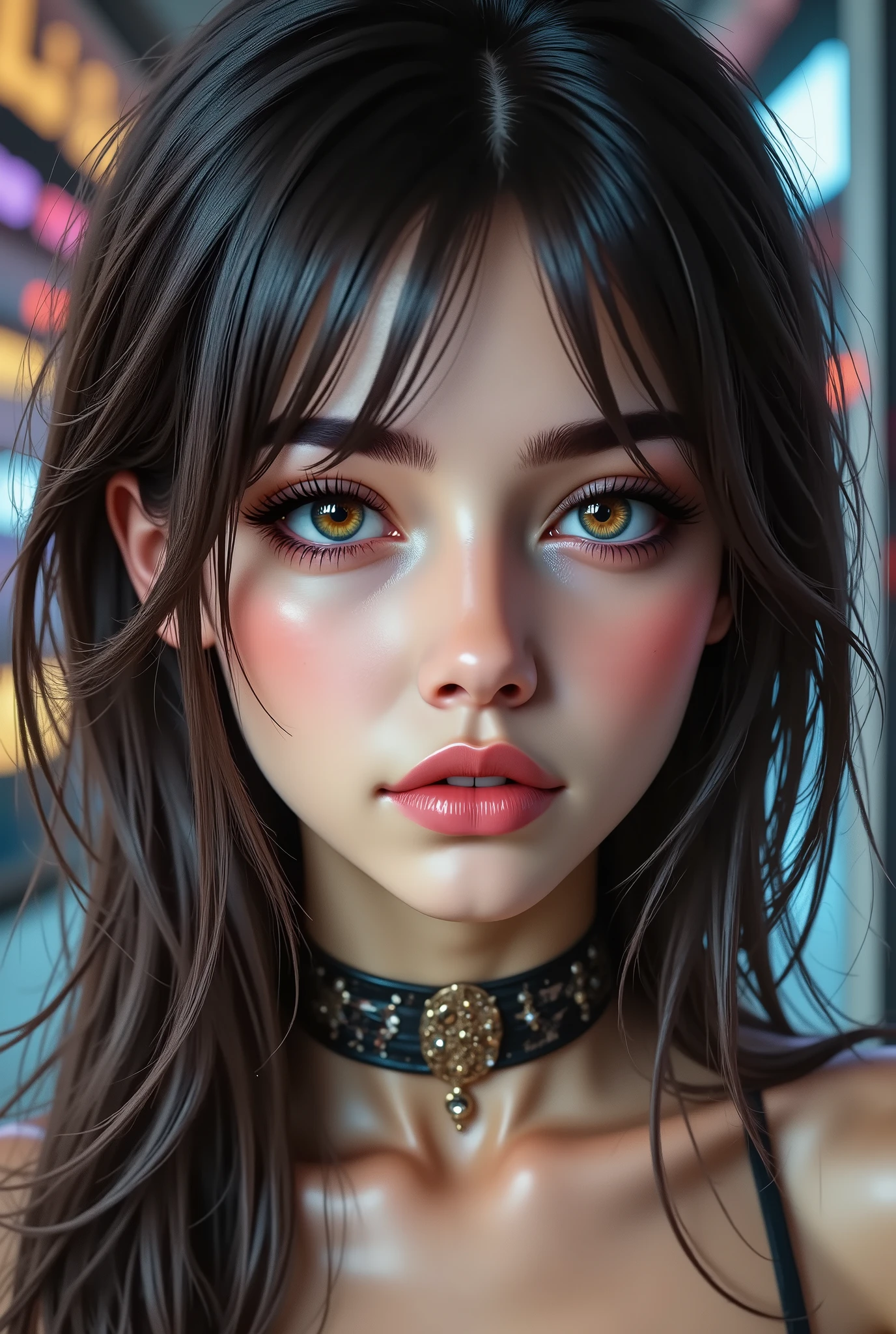 Realistic, (Photorealistic realism), ((ultra quality, extremely detailed digital art)), ((focus on extremely Realistic Proportion Body, Anatomically Correct:1.2)), Beautiful Girl, "ultra details Eyes: (acid-resistant terminology) (macro-details:1 . 25): * Moist corneal surface (visible aqueous layer:1 . 2) * Hyper-detailed iris stroma ((brown) with gold flecks) * Precise limbal ring (slightly darker pigmentation:1 . 22) * Pupil micro-texture (irregular edge authenticity:0 . 9) * Vasculature in sclera (subtle red veins radiating from limbus)" - "Lashes: blue individual synthetic fibers (crosshatched roots:1 . 2 , clump-free separation)" Technical Specs: (Optics: - "Zeiss Otus85mm f/1 . 4 lens (eye refraction calculations:1 . 3)" - "Shutter Speed:1/500 (freeze eye micro-movements)" - "Focus Stacking:7-point coverage on iris plane") (Post-Processing: - "Frequency separation for skin vs eye details" - "Selective sharpening: eyes200% , hair80%" - "Denoise: luminance20 , color35 (retain corneal speculars)") (Avoid: "pupil distortion , uncanny valley asymmetry , plastic-like wetness") UHD, perfect female body, {((Beautiful long legs in good style:1.35))}, ((no bra, no panties:1.3)), (medium butt), (skinny body build),(perfect hot model body:1.4), ((slim belly: 1.2)), (muscular body), dress a beautiful girl with a perfect figure in something nice, made of available materials (((latex), (lacy), (((leather))), ((jewelry)), steel, chains, chainmail, bracelets, pendants, earrings, everyday items)), I encourage you to draw them at the same time, ((Use any technique, any style, any outfit, Sew, ((embroider)),choose the color of your eyes, hair and even hairstyles)), ((I encourage you to choose the right background for your phenomenally drawn creation)), (Use any technique, any style, any outfit, arms tattoo,((micro skirt)),angelic cute face,white teeth, perfect beauty, long eyelashes, neon pink lips, oiled skin (psychedelic background, paranoia background),