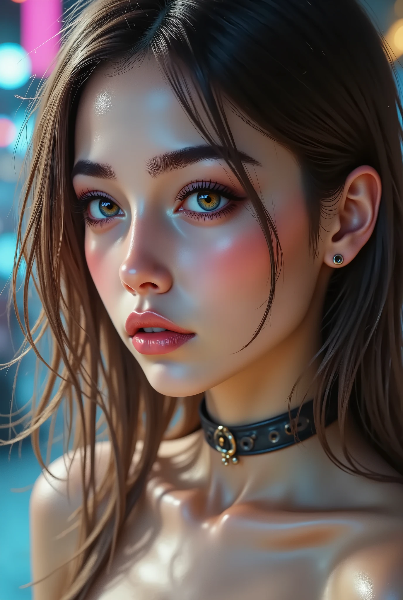 Realistic, (Photorealistic realism), ((ultra quality, extremely detailed digital art)), ((focus on extremely Realistic Proportion Body, Anatomically Correct:1.2)), Beautiful Girl, "ultra details Eyes: (acid-resistant terminology) (macro-details:1 . 25): * Moist corneal surface (visible aqueous layer:1 . 2) * Hyper-detailed iris stroma ((brown) with gold flecks) * Precise limbal ring (slightly darker pigmentation:1 . 22) * Pupil micro-texture (irregular edge authenticity:0 . 9) * Vasculature in sclera (subtle red veins radiating from limbus)" - "Lashes: blue individual synthetic fibers (crosshatched roots:1 . 2 , clump-free separation)" Technical Specs: (Optics: - "Zeiss Otus85mm f/1 . 4 lens (eye refraction calculations:1 . 3)" - "Shutter Speed:1/500 (freeze eye micro-movements)" - "Focus Stacking:7-point coverage on iris plane") (Post-Processing: - "Frequency separation for skin vs eye details" - "Selective sharpening: eyes200% , hair80%" - "Denoise: luminance20 , color35 (retain corneal speculars)") (Avoid: "pupil distortion , uncanny valley asymmetry , plastic-like wetness") UHD, perfect female body, {((Beautiful long legs in good style:1.35))}, ((no bra, no panties:1.3)), (medium butt), (skinny body build),(perfect hot model body:1.4), ((slim belly: 1.2)), (muscular body), dress a beautiful girl with a perfect figure in something nice, made of available materials (((latex), (lacy), (((leather))), ((jewelry)), steel, chains, chainmail, bracelets, pendants, earrings, everyday items)), I encourage you to draw them at the same time, ((Use any technique, any style, any outfit, Sew, ((embroider)),choose the color of your eyes, hair and even hairstyles)), ((I encourage you to choose the right background for your phenomenally drawn creation)), (Use any technique, any style, any outfit, arms tattoo,((micro skirt)),angelic cute face,white teeth, perfect beauty, long eyelashes, neon pink lips, oiled skin (psychedelic background, paranoia background),