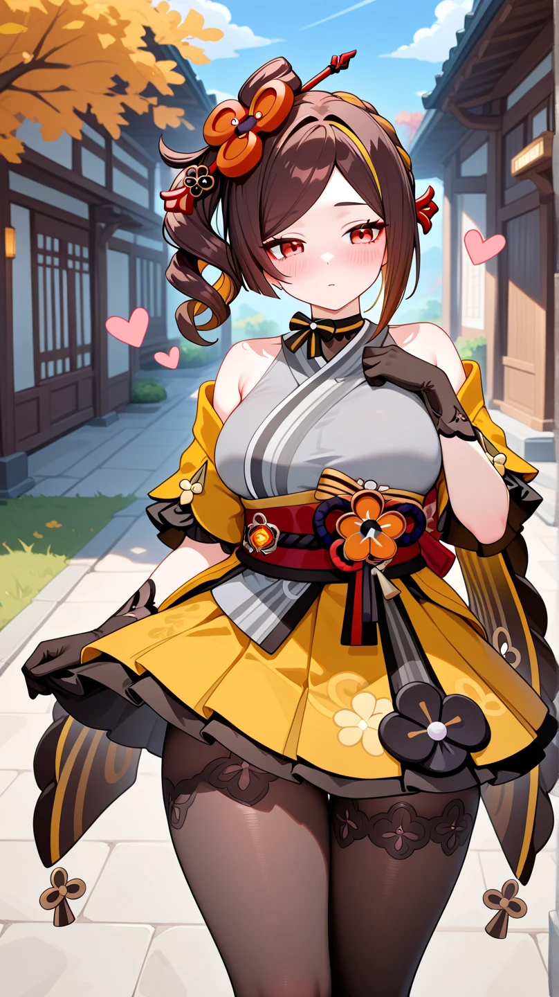 1girl, solo, <lora:txtChioriV2-000008:0.7>, txtchiori, streaked hair, japanese clothes, kimono, sash, black pantyhose, looking at viewer, open mouth smiling, in a bright vibrant forest, warm colors