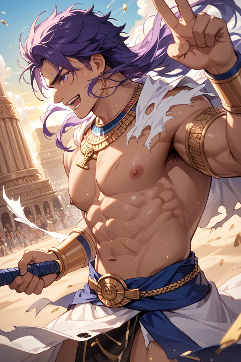 masterpiece, best quality, 1boy, male focus, solo, looking at viewer, <lora:EPscMugen-000011:0.7>, EPscMugen, black hair, short hair, earrings, goatee stubble, stubble, ancient greece, fisherman, boat, sea, athens, traditional clothes, fishing net, oar, serene, historical, mediterranean, sunrise, horizon, silhouette, <lora:Greekworld:1> greekworld