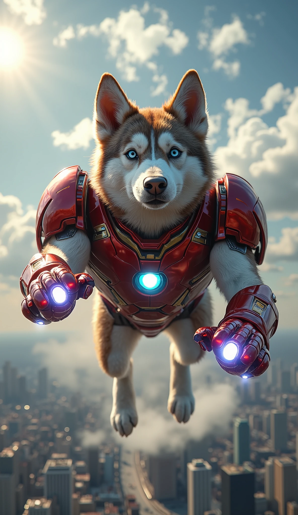 A husky dog in a highly detailed Iron Man suit, flying through the sky in natural dog form with all four legs extended as if soaring. The husky’s face is visible through a sleek Iron Man-style helmet, with glowing blue eyes and metallic red-and-gold armor covering its body. Repulsor beams glow brightly from the paws, leaving energy trails as it flies. The dog’s stance captures the natural look of a husky in mid-air while still showing the powerful superhero armor. Background features a dramatic sky with clouds, sunlight, and futuristic city skyline below. Ultra-realistic, highly detailed, HD image with sharp textures, glowing effects, and epic superhero atmosphere.
