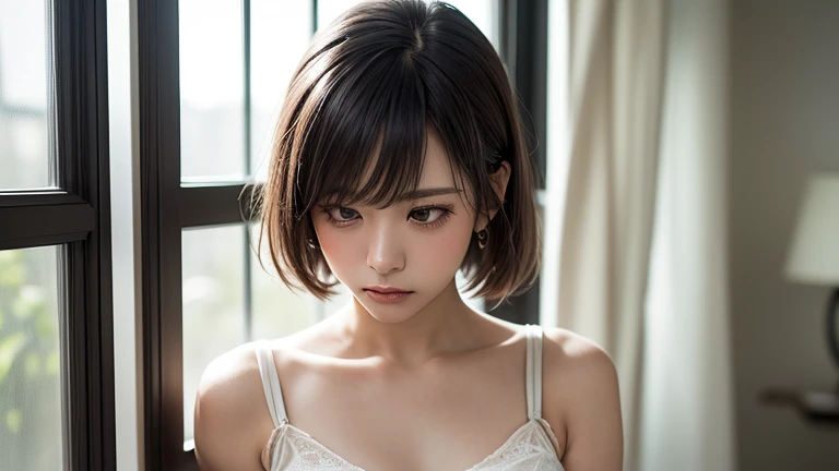 ((Top Quality, 8k, Masterpiece: 1.3)), 1 Woman, Slender Swimsuit Highlighted Beautiful Girl: 1.3, (Short Hairstyle, Big: 1.2), Plain Clothes: 1.2, Indoors, Ultra Detailed Face, Detailed Eyes, Double Eyelids, brown hair