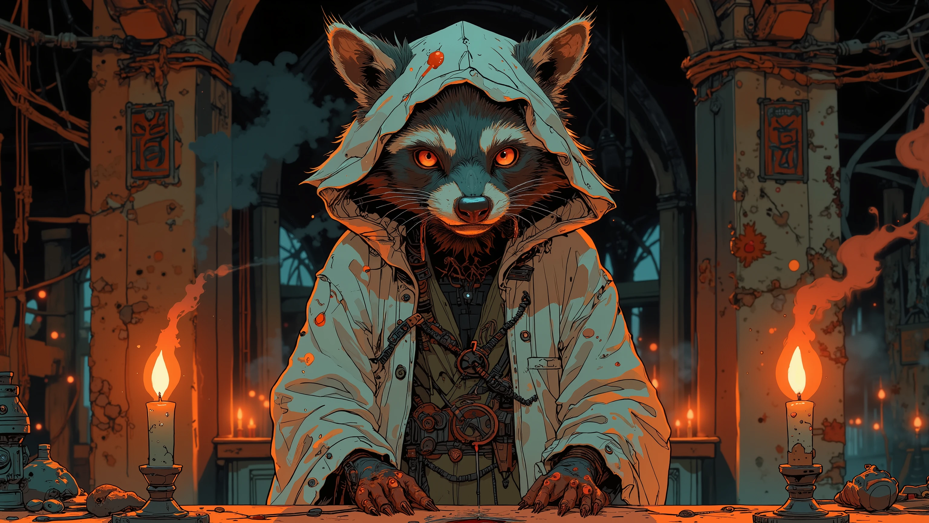 A raccoon in simple, ritualistic robes, standing before a flickering altar in a dark underhive chamber. Candles burn low, casting long shadows, and the air is thick with incense. Cinematic front-facing shot, warm candlelight contrasting with deep shadows, highly detailed textures on fur, robes, and environment. Colors: ash grey, blood red, black – Helot Cult aesthetic