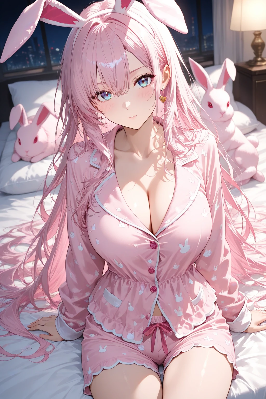 Mischievous and playful girl dressed、Posing in pajama fashion on the bed, 1girl in, Solo, Looking at Viewer, breasts, Smile, Sitting, Long hair, Blue eyes, sex toy, wariza, Underwear, grin, blush, cleavage, on the beds, Bow