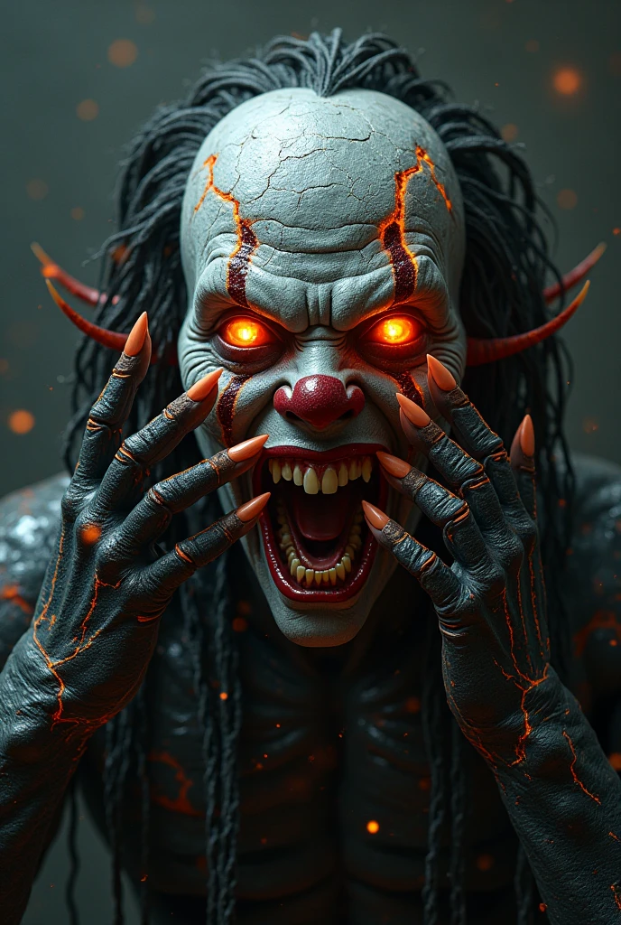 humanoid, demon, looks like a clown, cuts, horror, creepy, scary, shock value, dirty, fire, very evil, demonic, ill, skinny, bones, topless, evoke, fear, terror, dread, decay, disgust, Psycho, dark, horns, solo, hell, jester