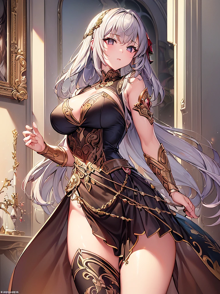 (top-quality、masterpiece、high-level image quality、Super delicate)、((a beauty girl))、(smooth dull gray hair)、(curly twintails, Long bangs)、(Braided hair)Yellow eyes like a brilliant sunset、a choker、Moderately large breasts、((Glamorous dancer costume with high exposure))