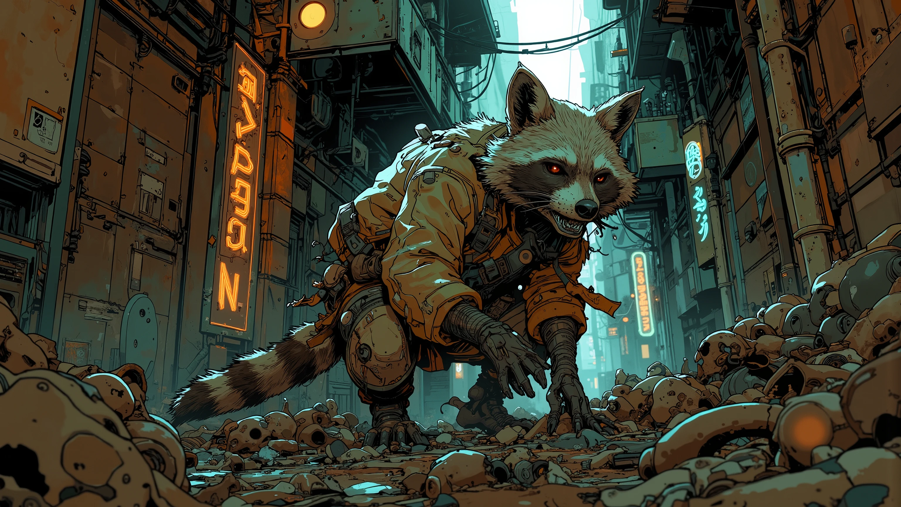 A ragged raccoon in tattered clothing, scavenging through a pile of debris in a filthy underhive alley. Mutated creatures skitter in the shadows, and the air reeks of decay. Cinematic low-angle shot, dim lighting with flickering neon signs casting eerie glows, highly detailed textures on fur, clothing, and environment. Colors: rot brown, decay green, mud grey – Scavvie aesthetic