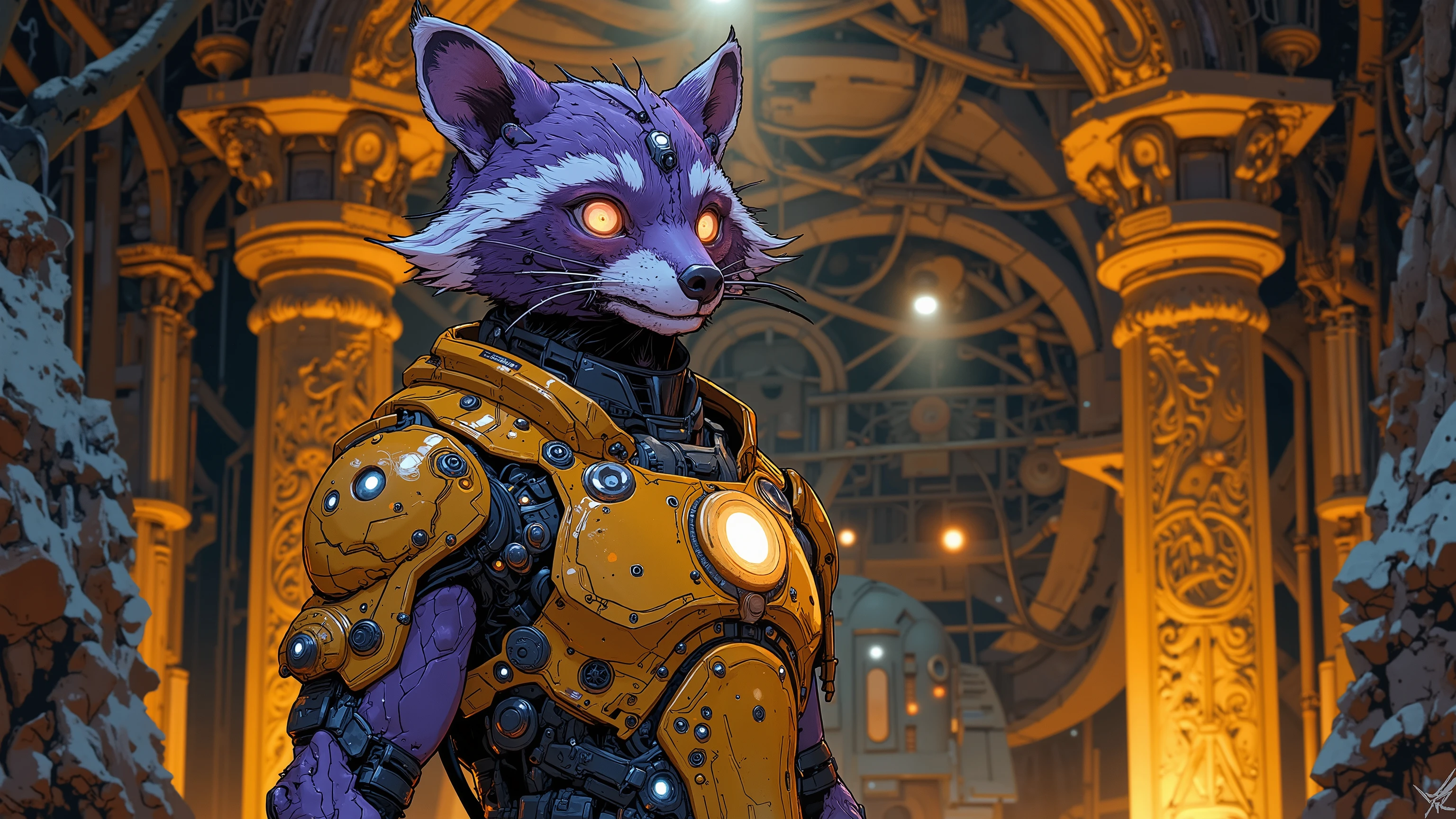 A raccoon in ornate, exo-suit armor, standing in a luxurious underhive chamber adorned with opulent decorations. The suit's energy field shimmers, and the raccoon's eyes gleam with intensity. Cinematic close-up shot, dramatic lighting highlighting the suit's details, highly detailed textures on fur, armor, and environment. Colors: gold, purple, black – Spyrer aesthetic.