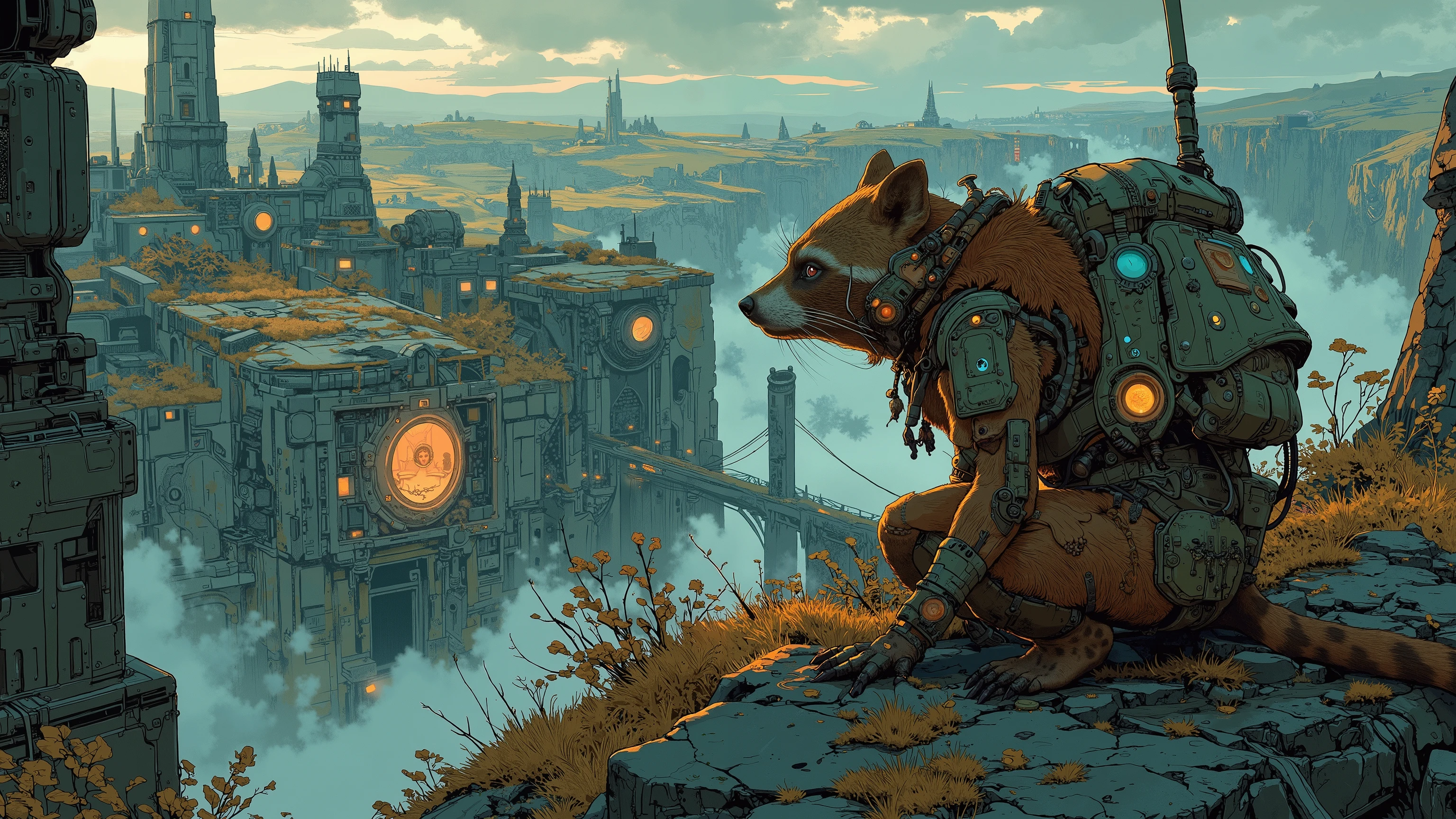 A raccoon in tribal armor, crouching atop a high vantage point overlooking the underhive. The city sprawls below, with ancient ruins and overgrown vegetation dotting the landscape. Cinematic bird's-eye view, soft twilight lighting with ambient shadows, highly detailed textures on fur, armor, and environment. Colors: earth brown, moss green, dusk grey – Ratskin Scout aesthetic