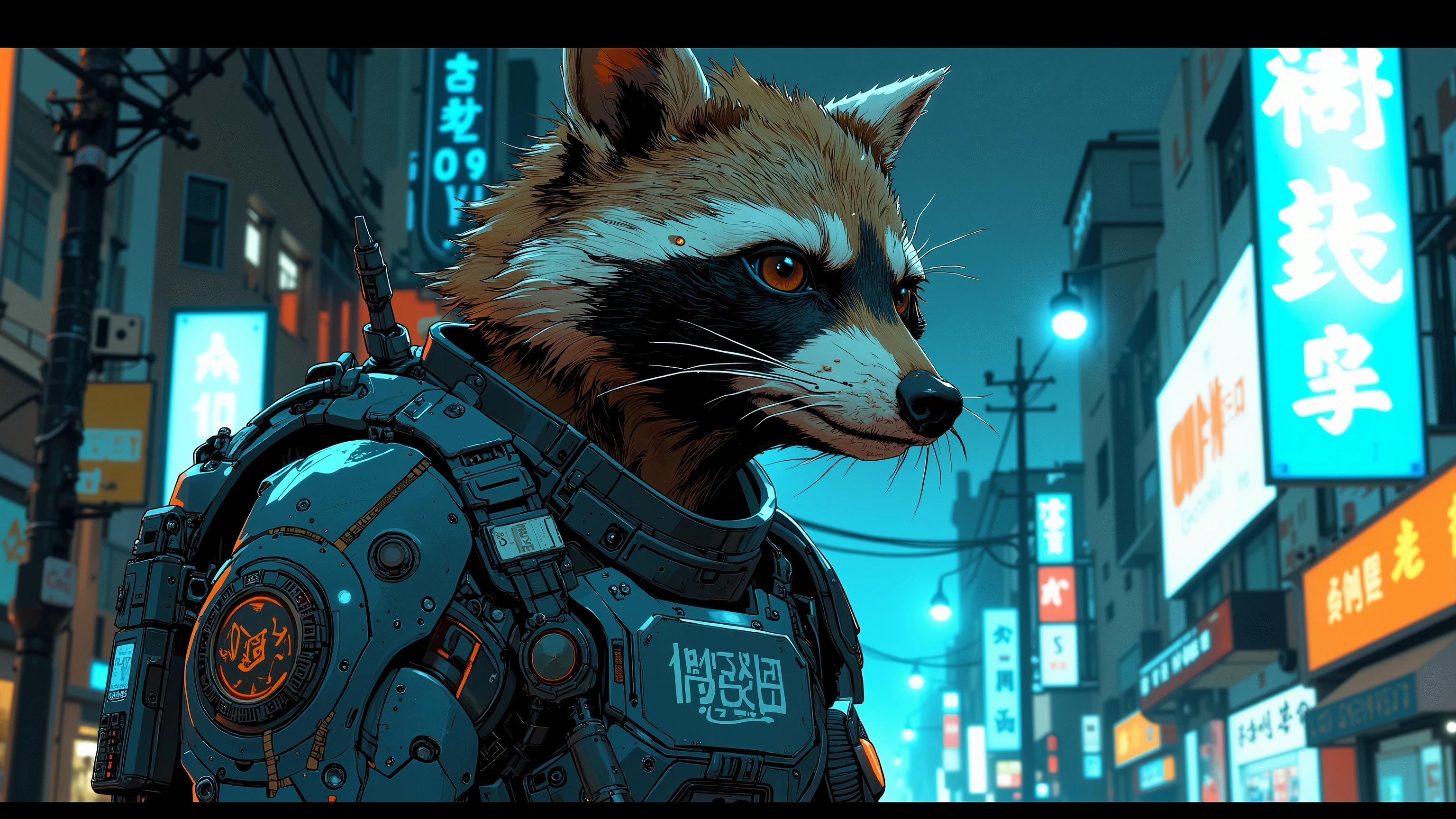 A raccoon in sleek, armored law enforcement gear, patrolling a neon-lit underhive street. Holographic billboards flicker overhead, and the faint hum of surveillance drones fills the air. Cinematic over-the-shoulder perspective, cool blue lighting with sharp contrasts, highly detailed textures on fur, armor, and environment. Colors: dark blue, black, silver – Palanite Enforcer aesthetic