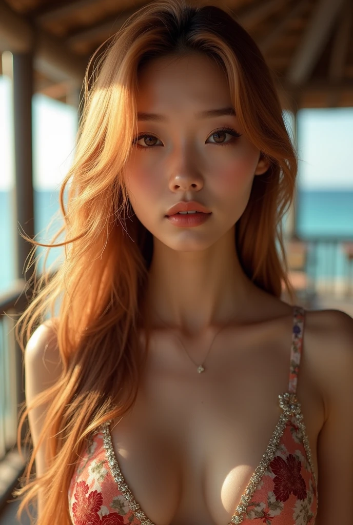 A woman with red hair, skin black, and brown eyes