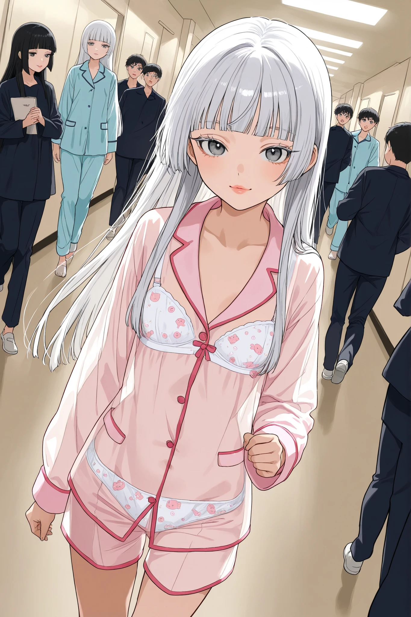 score_9, score_8_up, score_7_up, score_6_up, 
1girl and a group of people, BREAK teen girl, cute colored see-through pajamas, cartoon print basic bra, cartoon print panty, white hair, hime-cut hair, straight hair, long hair, grey eyes, cute lips, small, long eyelashes, blunt bangs, young adult, walking gracefully, in an dorm hallway,  cute look,  proud stance, all female dorm background, girls in dorm hallway in sleepwear walking around, dynamic lighting, dynamic angle,