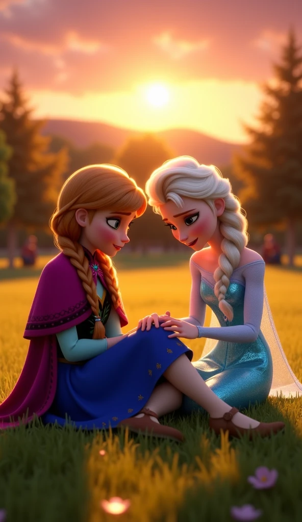 Elsa and Anna kiss in the meadow 8k