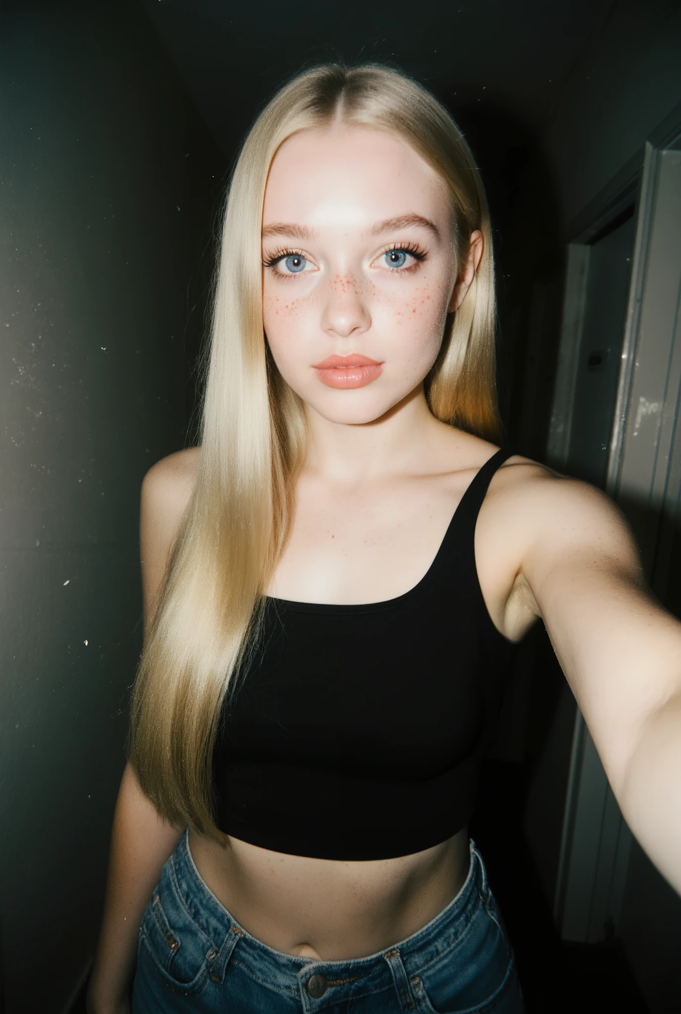 Authentic front-camera smartphone selfie of a breathtakingly beautiful 19-year-old girl, with a slim but curvy figure — soft waist, round hips, and noticeably large natural breasts in a tight black crop top and very short denim shorts.
Her hair is silky platinum blonde with a soft golden sheen, falling in smooth straight layers well past her shoulders, reflecting the flash with natural highlights.
Her face is angelic yet real: large deep blue eyes with a magnetic sparkle, framed by long lashes; naturally shaped soft brows; a small slightly upturned nose; and full, glossy lips in a pale rosy pink that look irresistibly kissable.
Her skin is smooth and luminous, with natural pores and fine texture visible under the harsh flash — a healthy glow, realistic and unretouched.
Expression: innocent yet subtly playful, the kind of candid beauty that feels magnetic and unforgettable — a face that instantly draws you in.
Front flash effect: cold, harsh light with slight overexposure on skin, visible texture, faint red-eye glow.
Smartphone photo realism: mild grain and noise, slight motion blur, imperfect sharpness, subtle compression artifacts, raw “bad quality” aesthetic.
Background: clean corridor with dim light — plain walls and doors, minimal details, no clutter or messy objects.
The photo feels spontaneous, alive, and uncontrived — like a quick evening selfie taken without posing, unedited and natural.