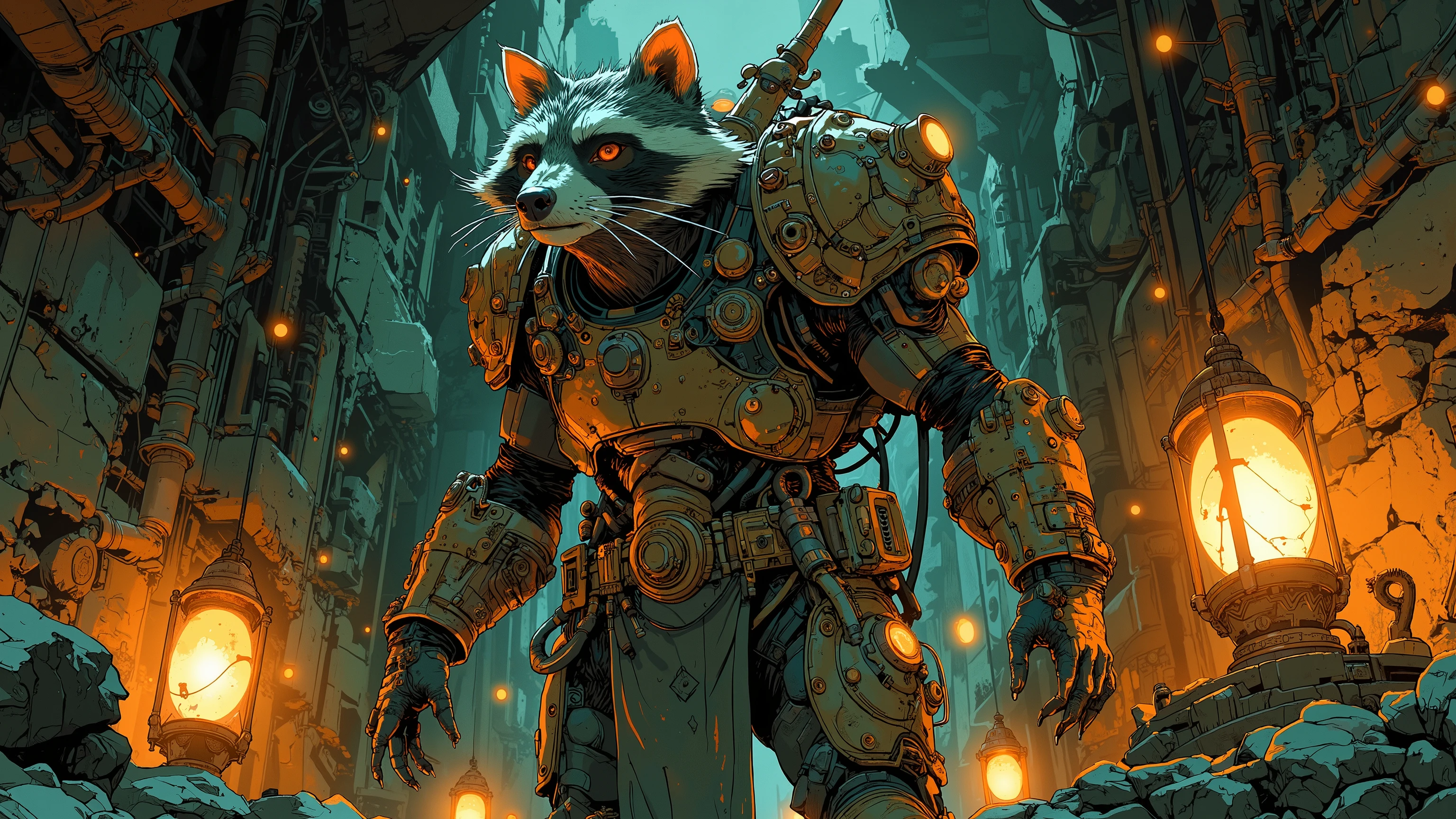 A stout raccoon in heavy, industrial armor, standing in a deep mine shaft illuminated by flickering lanterns. The walls are lined with veins of precious ore, and mining tools hang from his belt. Cinematic low-angle shot, warm lantern light contrasting with deep shadows, highly detailed textures on fur, armor, and environment. Colors: steel grey, copper, dark green – Ironhead Squat aesthetic