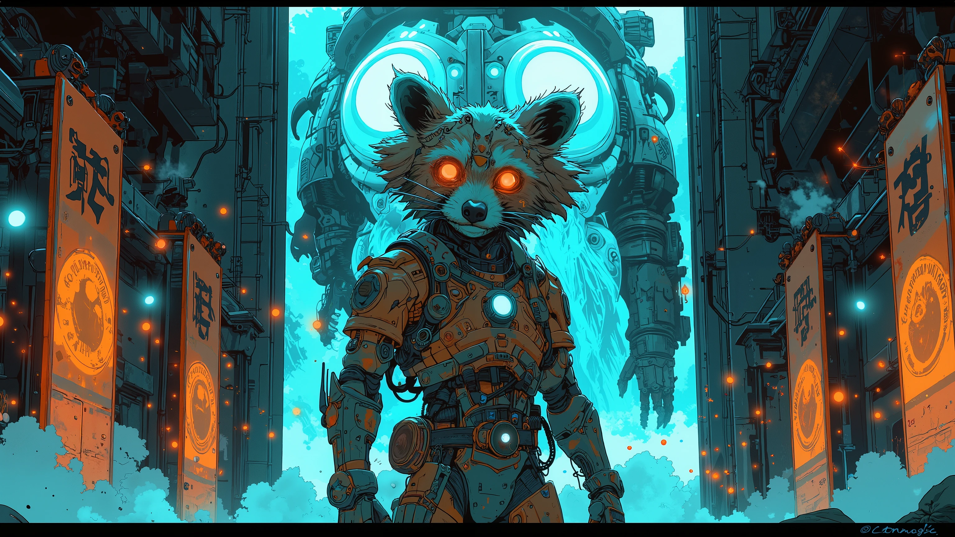 A raccoon in hybrid armor combining elements from all Necromunda gangs, standing in a massive underhive arena. Sparks, neon lights, smoke, and holographic projections create a chaotic yet epic environment. Cinematic panoramic perspective, complex lighting with warm and cool contrasts, ultra-detailed textures on armor, fur, and environment. Colors: blended all gang palettes creatively.