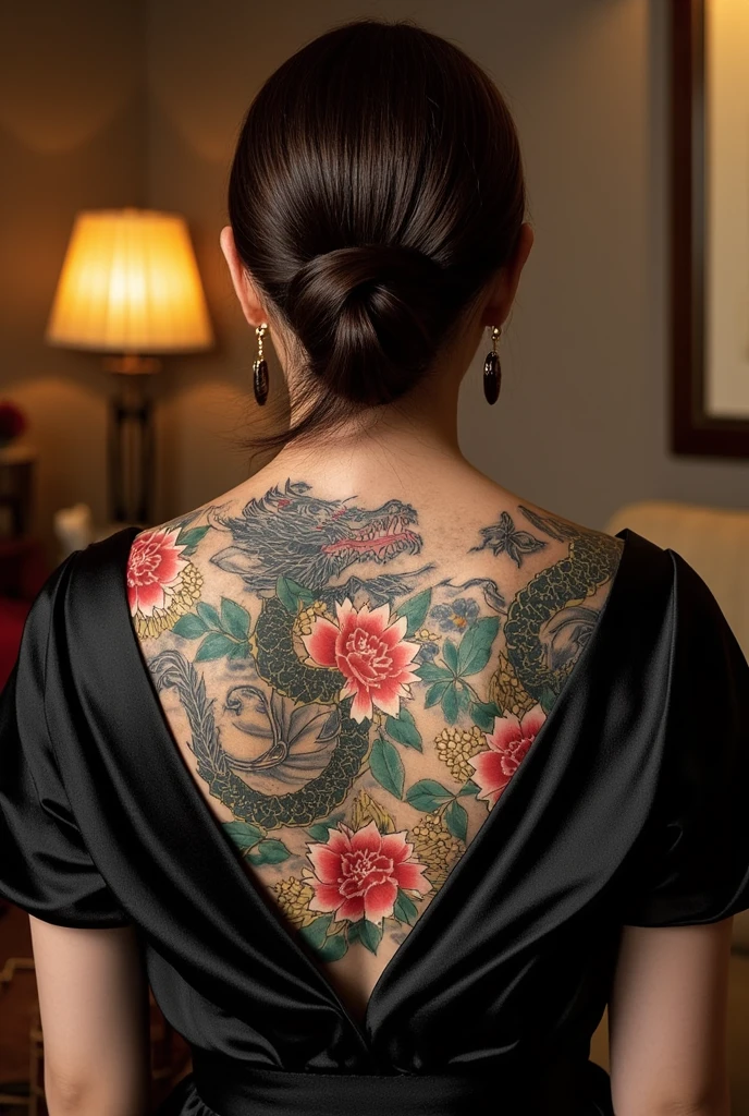 Realistic 3D caricature,A bold-looking Japanese girl with a large, intricate yakuza tattoo covering her back. In this stunning photo, her tattoo comes to life with bright colors and meticulous detail, featuring a mesmerizing mix of symbols and patterns. The girl herself exudes confidence, with her bright smile and charming gaze easily drawing viewers into the picture. She removed the kimono from half of her back to reveal the tattoo. These high quality photos beautifully capture the skill and artistry behind tattoos, leaving a lasting impression on whoever holds them.UHD,18K, GLOSSY