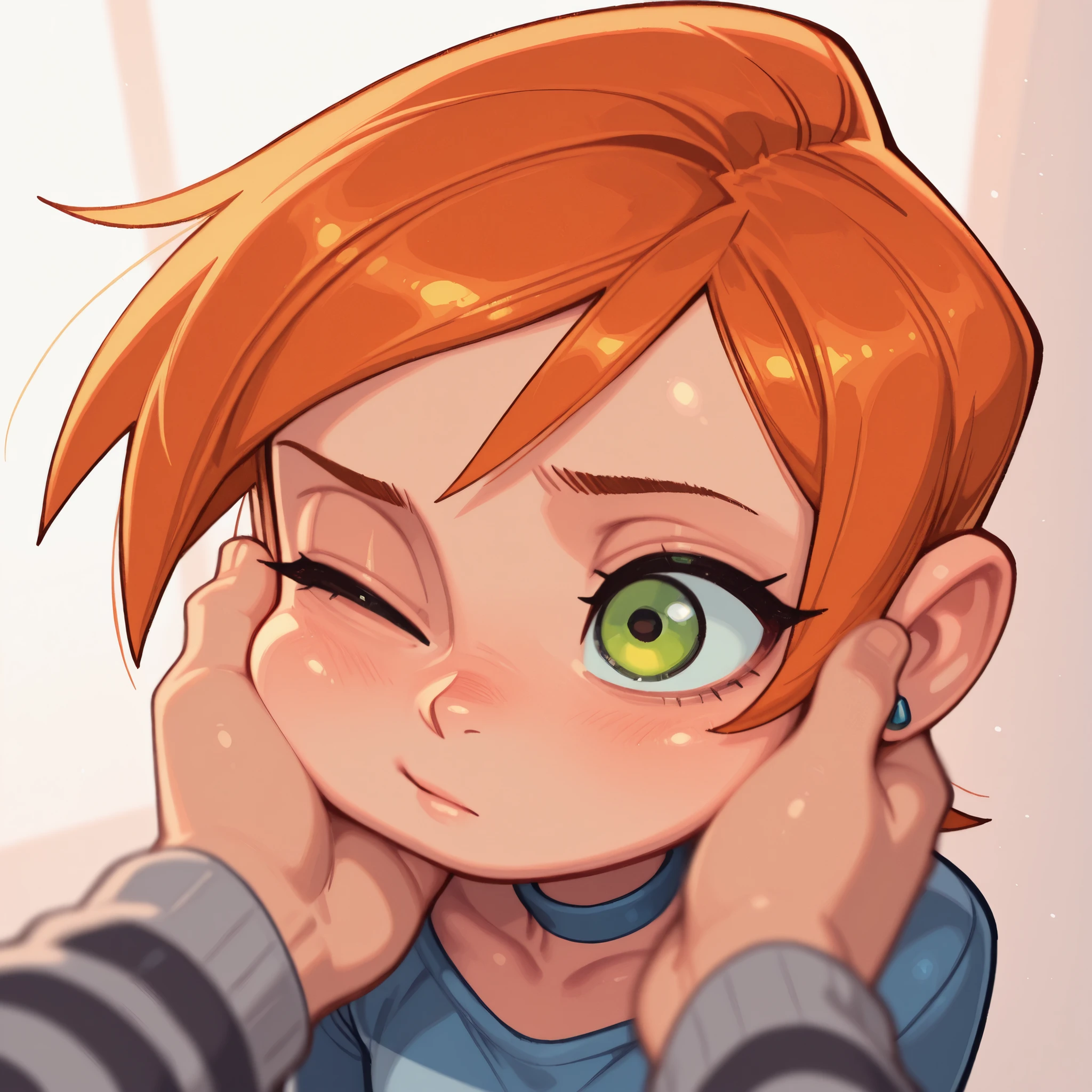 Gwen Tennyson . ginger . short hair . green eyes . flat , flat , huge . slim body . choker . | (masterpiece, best quality, very aesthetic, absurdres, artist:wamudraws, shaded, white background, backlighting) (depth of field, blurred foreground:1.3) solo focus, shirt, blep, undershirt, , grey sweater, striped sweater, dark clothing, (one eye half-closed:1.3), headshot portrait, face squish, pov cheek grabbing \(meme\), swept bangs, confused