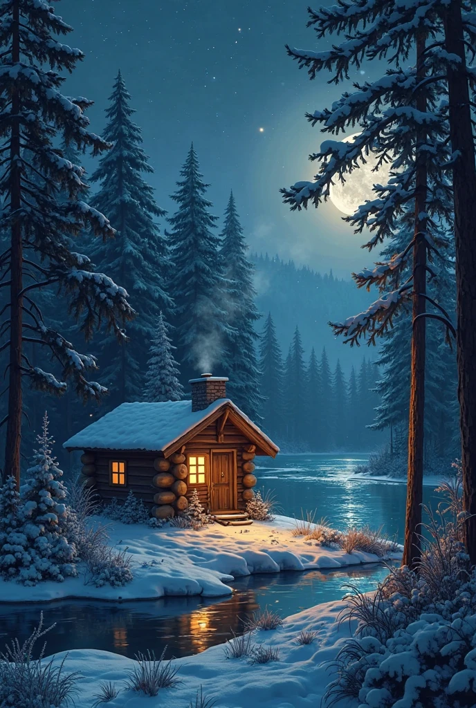 A charming night scene of a small wooden cabin in the middle of a dense ...