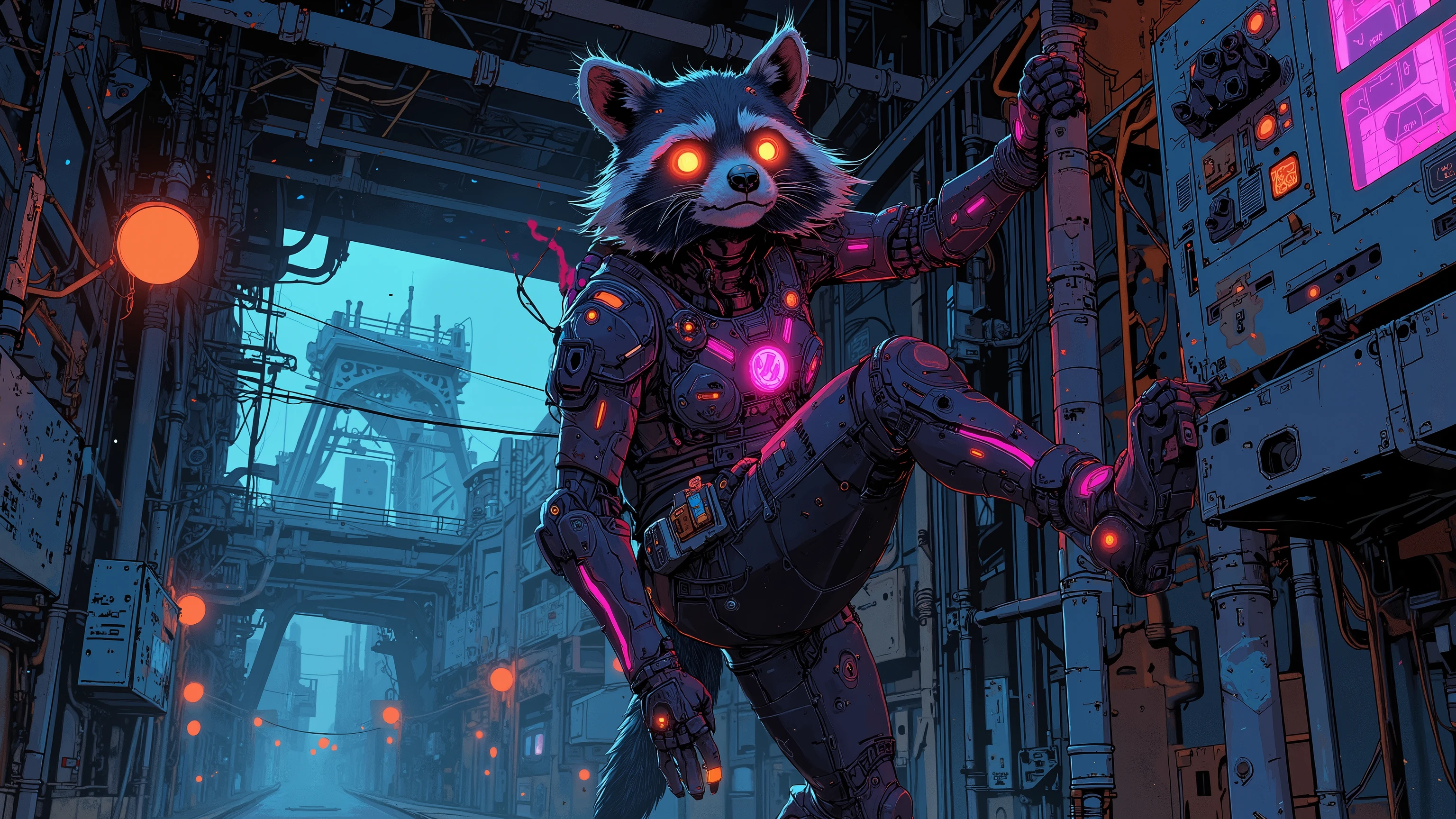 A slender, agile raccoon in light, form-fitting armor with glowing neon pink and purple stripes, climbing complex pipes in a neon-lit underhive. Small blades and vials of poison hang from his belt, neon reflections shimmer across wet metal surfaces. Cinematic side angle, dramatic neon lighting with subtle fog, highly detailed fur and armor textures. Colors: neon pink, purple, black – Escher gang colors.