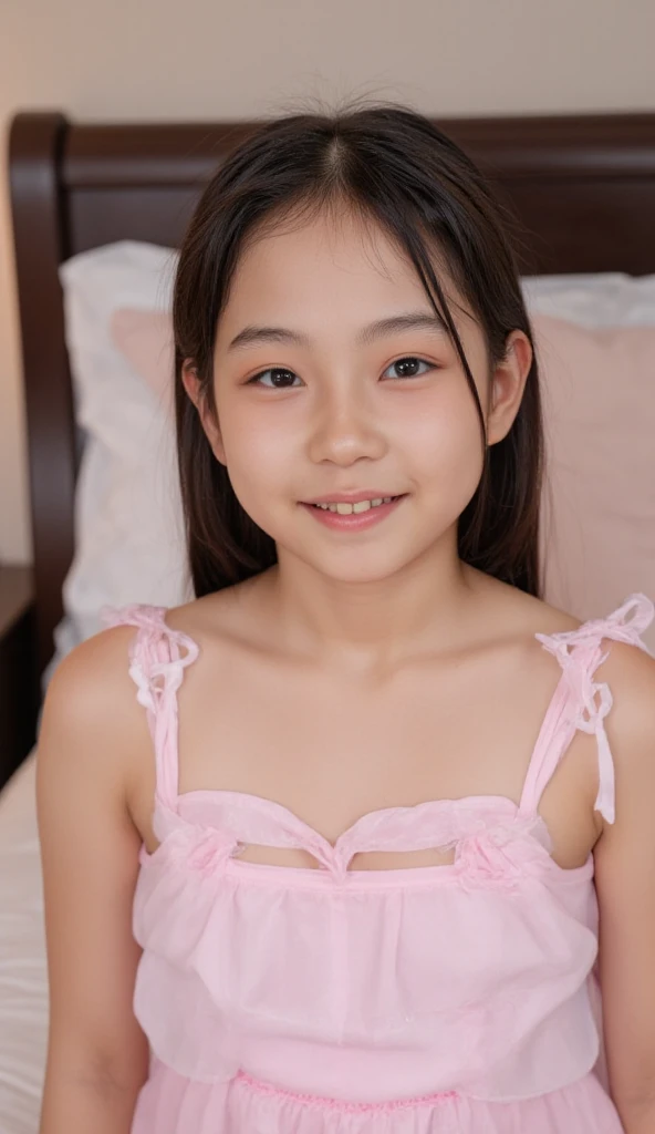 highest quality, High resolution, realistic pictures, detailed skin texture, ((Cute 6-year-old Japanese girl wears a short, off-the-shoulder white camisole)), towards the camera, view audience, slim body shape, (flat chest:1.5), charming gaze, Fair skin, baby face, close up of face, focus on face, At the bed, long straight hair, smile showing teeth