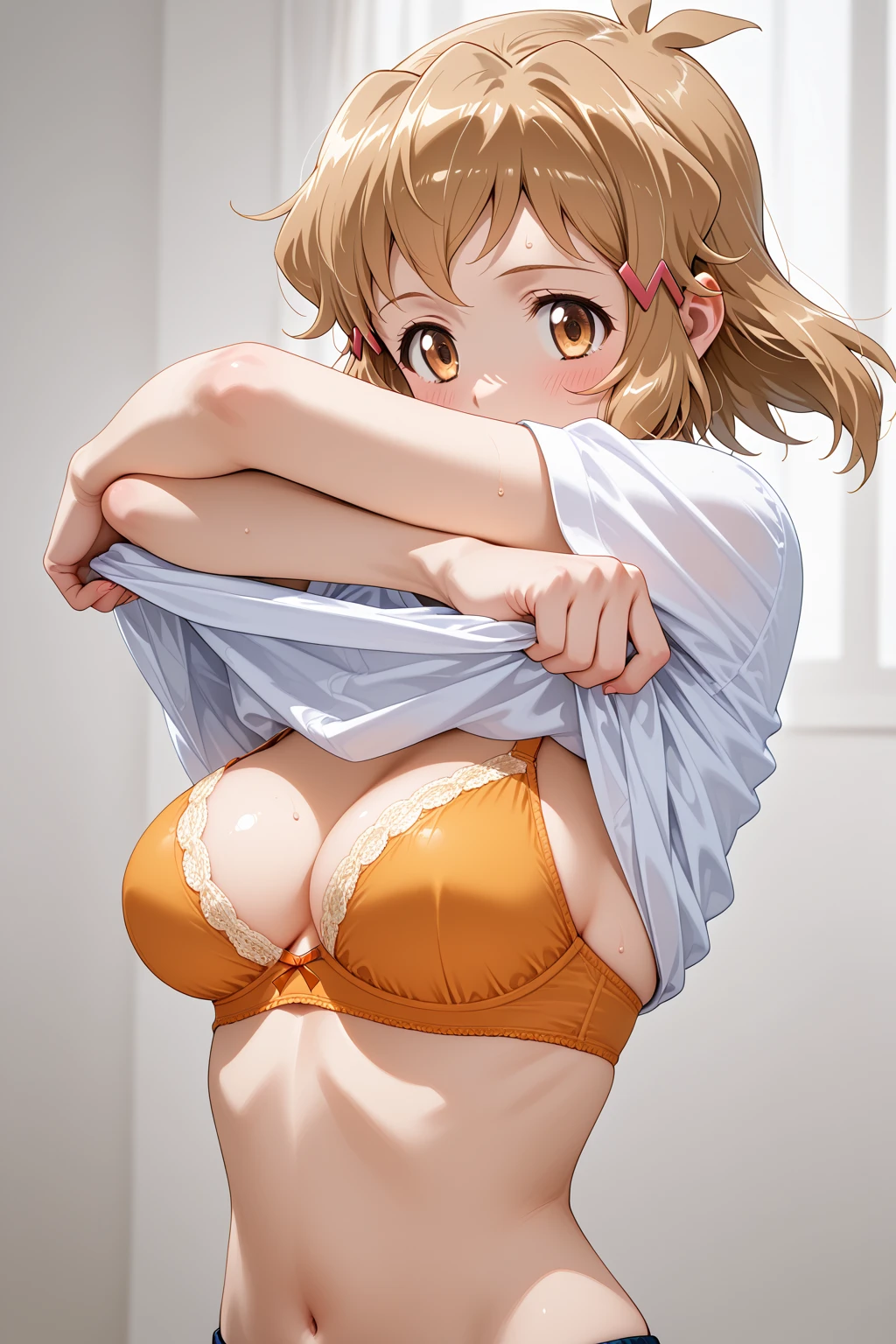Honoka kousaka love live, cowboy shot, blue eyes, orange hair,mini white pleated skirt, tinnies crop top,cap, sweating, cleavage , exposed underwear ,one breast out 
