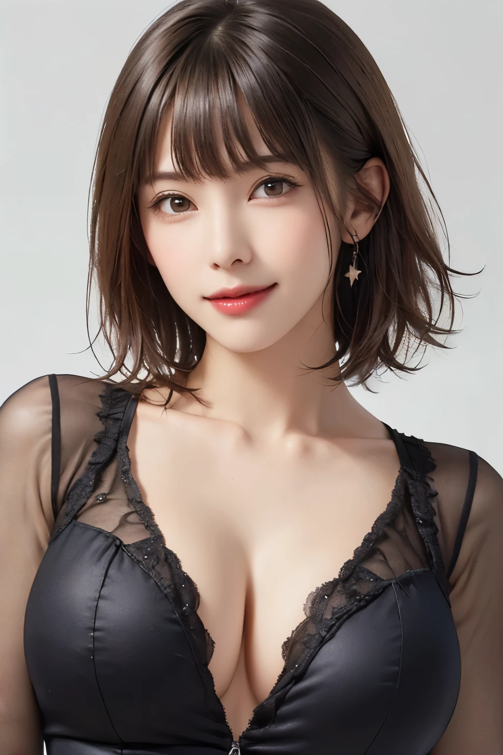 Tabletop, highest quality, shape, Very detailed, In detail, High resolution, 8k wallpaper, Perfect dynamic composition、Cute 27 year old woman、Beautiful face in every detail、Small and cute eyes、Textured skin、Slightly parted lips、Short wavy grey hair、Small breasts、 Full lace dress, See-through 、sexy shot looking at camera、garden、