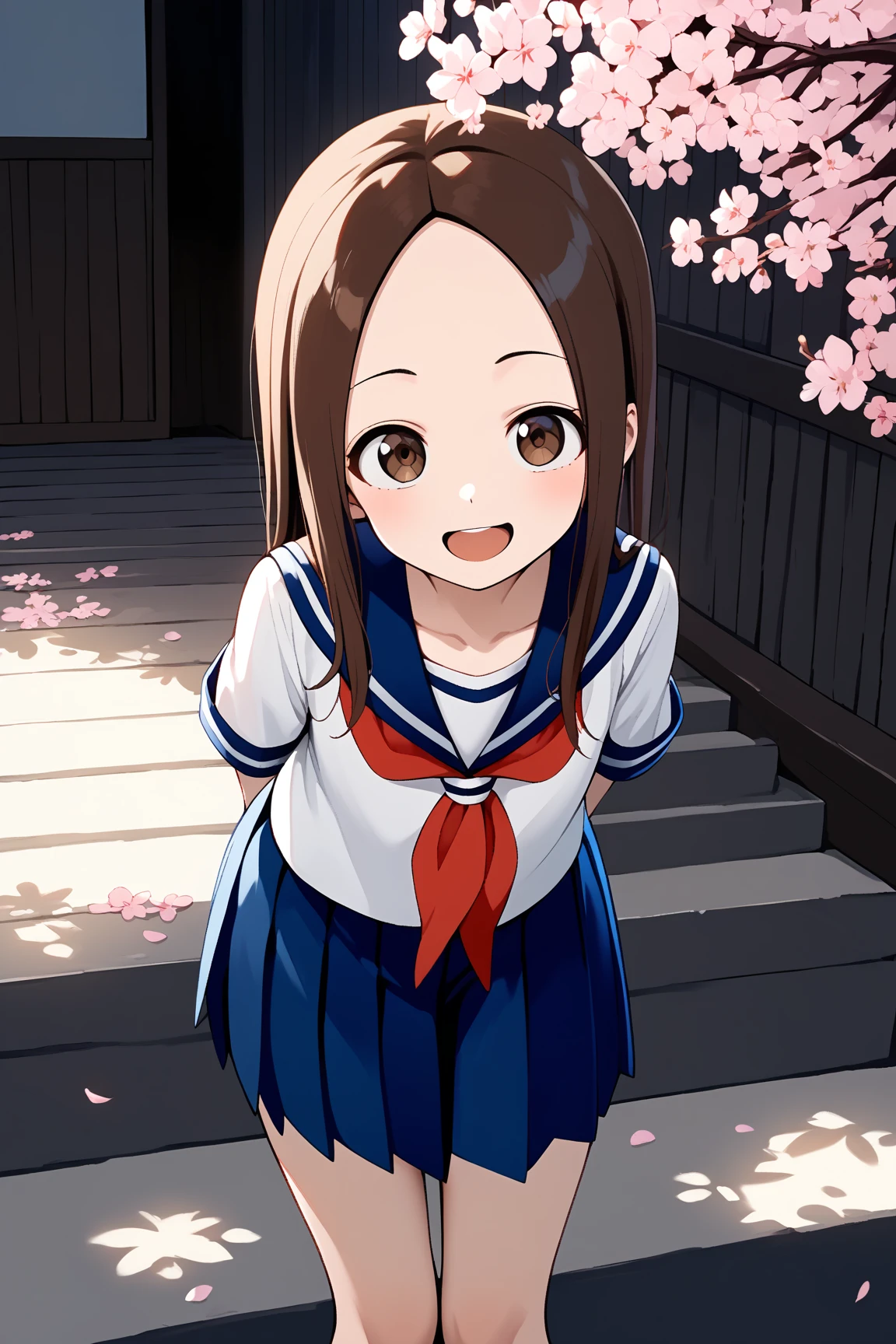 (Masterpiece, Superb Quality, Super Delicate, High Resolution), Female Focus, Elementary School Student, Emoji Laughter, (Japanese School Uniform), School, Background Details, ((((Solo)))