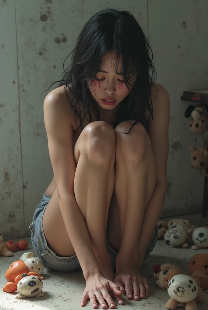 a japanese female streetfighter is beated down in the backstreet. Her crotch is flooded with sperm. Her mother's milk is dripping from her nipples. A bloodied and bruised female fighter sits with her legs spread. She is cornered against the wall. she was raped by the male fighter. she is crying. She is in a state of abandonment. she is damaged terribry. Short-cut black hair, out of breath, drooling from mouth, exhausted, drenched in sweat. Erect nipples, Whittled waistline, muscular, naked