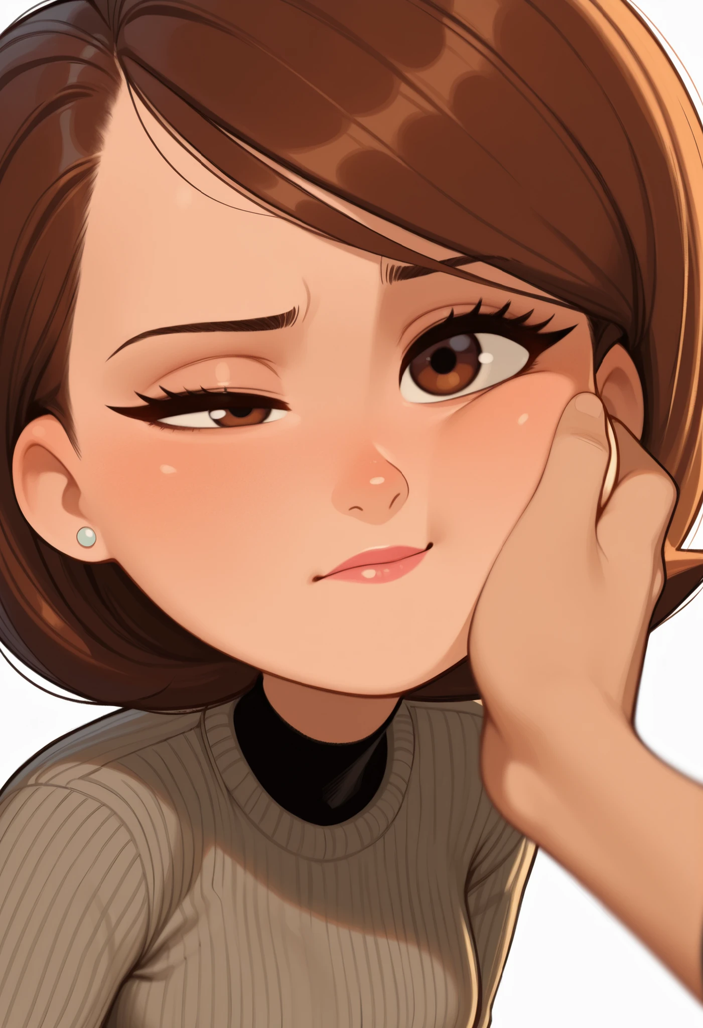Helen Parr , mature female, medium hair, Bob_cut, brown hair, brown eyes, big eyes, long eyelashes, medium breasts, narrow waist, thick thighs, huge hips, fair skin, thin hands, earrings, makeup, pink lips, lipstick.|   (masterpiece, best quality, very aesthetic, absurdres, artist:wamudraws, shaded, white background, backlighting) (depth of field, blurred foreground:1.3) solo focus, shirt, blep, undershirt, , grey sweater, striped sweater, dark clothing, (one eye half-closed:1.3), headshot portrait, face squish, pov cheek grabbing \(meme\), swept bangs, confused 