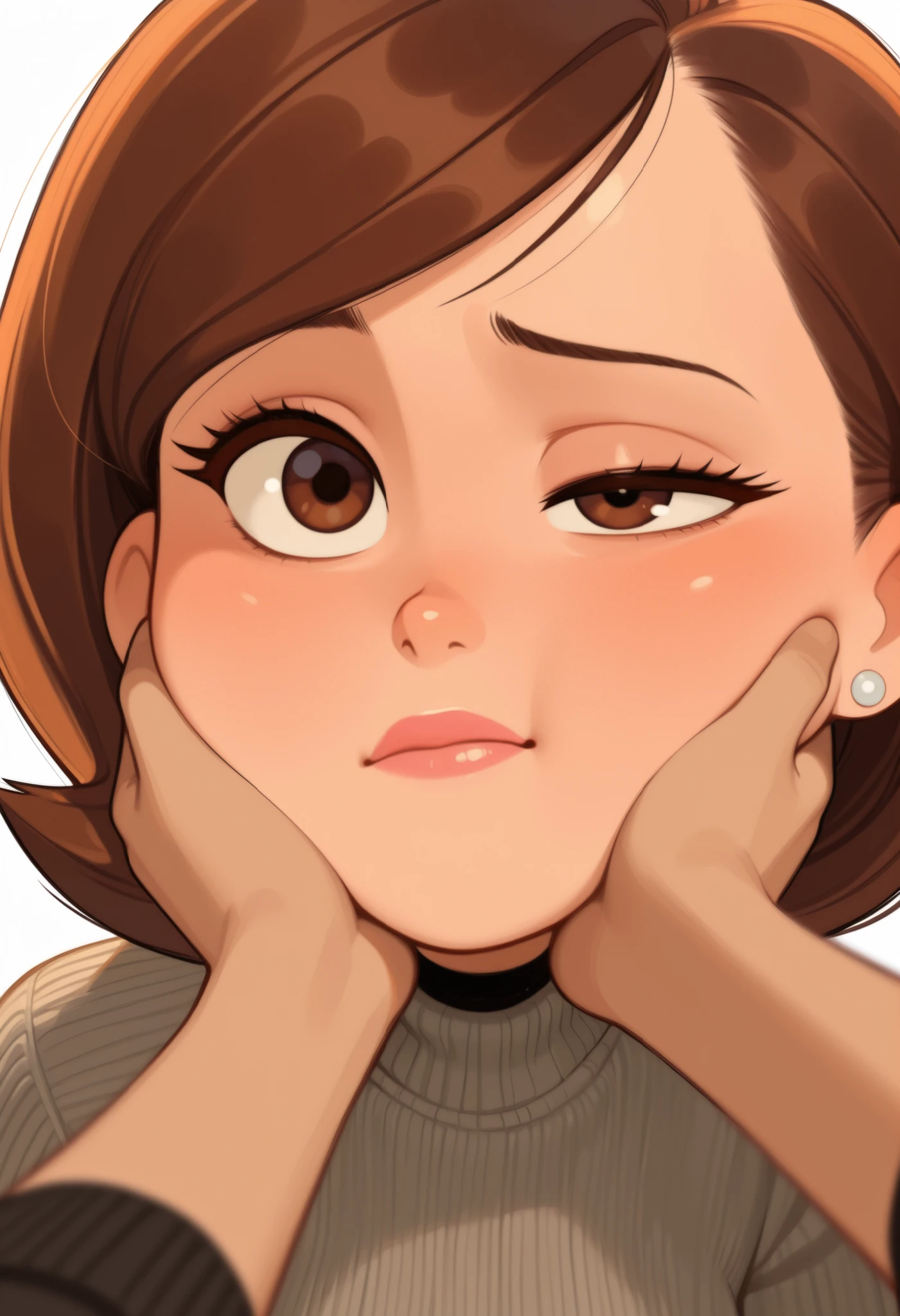Helen Parr , mature female, medium hair, Bob_cut, brown hair, brown eyes, big eyes, long eyelashes, medium breasts, narrow waist, thick thighs, huge hips, fair skin, thin hands, earrings, makeup, pink lips, lipstick.|   (masterpiece, best quality, very aesthetic, absurdres, artist:wamudraws, shaded, white background, backlighting) (depth of field, blurred foreground:1.3) solo focus, shirt, blep, undershirt, , grey sweater, striped sweater, dark clothing, (one eye half-closed:1.3), headshot portrait, face squish, pov cheek grabbing \(meme\), swept bangs, confused 