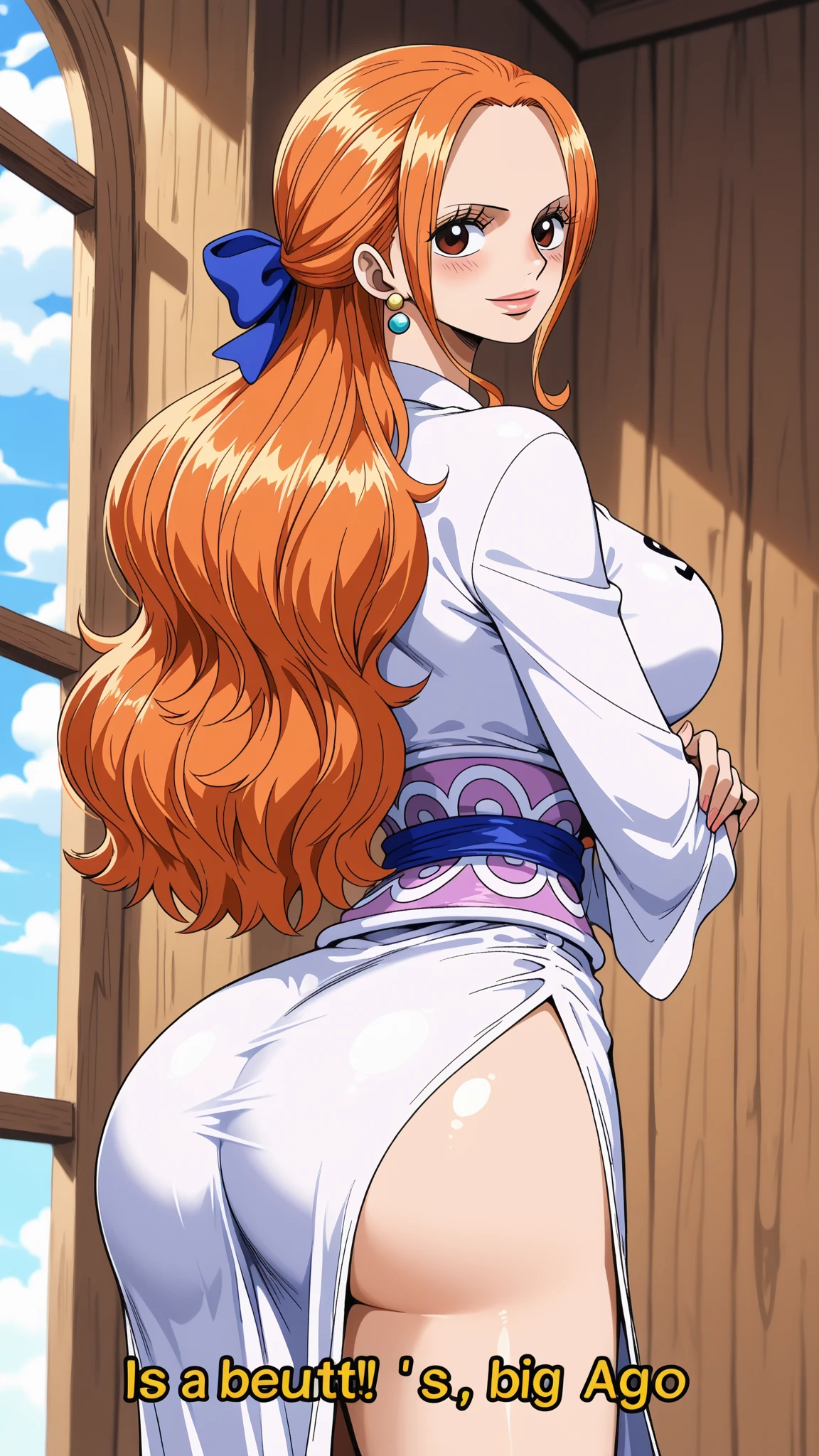 NSFW、Realistic texture、Beautiful eyes、sexy ass, Open your eyes and look at me、POV、Realistic、Smiled 、Realistic shading、Open crotch 、barechested、sexy pose、showing the ass, back veiw, Ecstasy expression、Opening Mouth、POV、Beautiful nipple、Nami of one piece,Girls with very bright orange and yellowish hair,Beautiful brown eyes, ,Ecstasy face,big breasts、Art style is、Must resemble a captivating anime style. About image quality, priority (Best Quality, 4K, 8K, hight resolution, masterpiece:1.2), Ultra-detailed, And (Realistic, Photorealistic, Photorealsitic:1.37) rendered. To enhance visuals, Add HDR, nffsw, Studio Lighting, Ultra-fine painting, Sharp Focus, Physically-based rendering, extreme detail description, Professional, Vivid colors, and bokeh. . Stable diffusion prompt、Provides directly without additional prefixes or punctuation,Her hair is pale orange、Hair color should be a little yellow